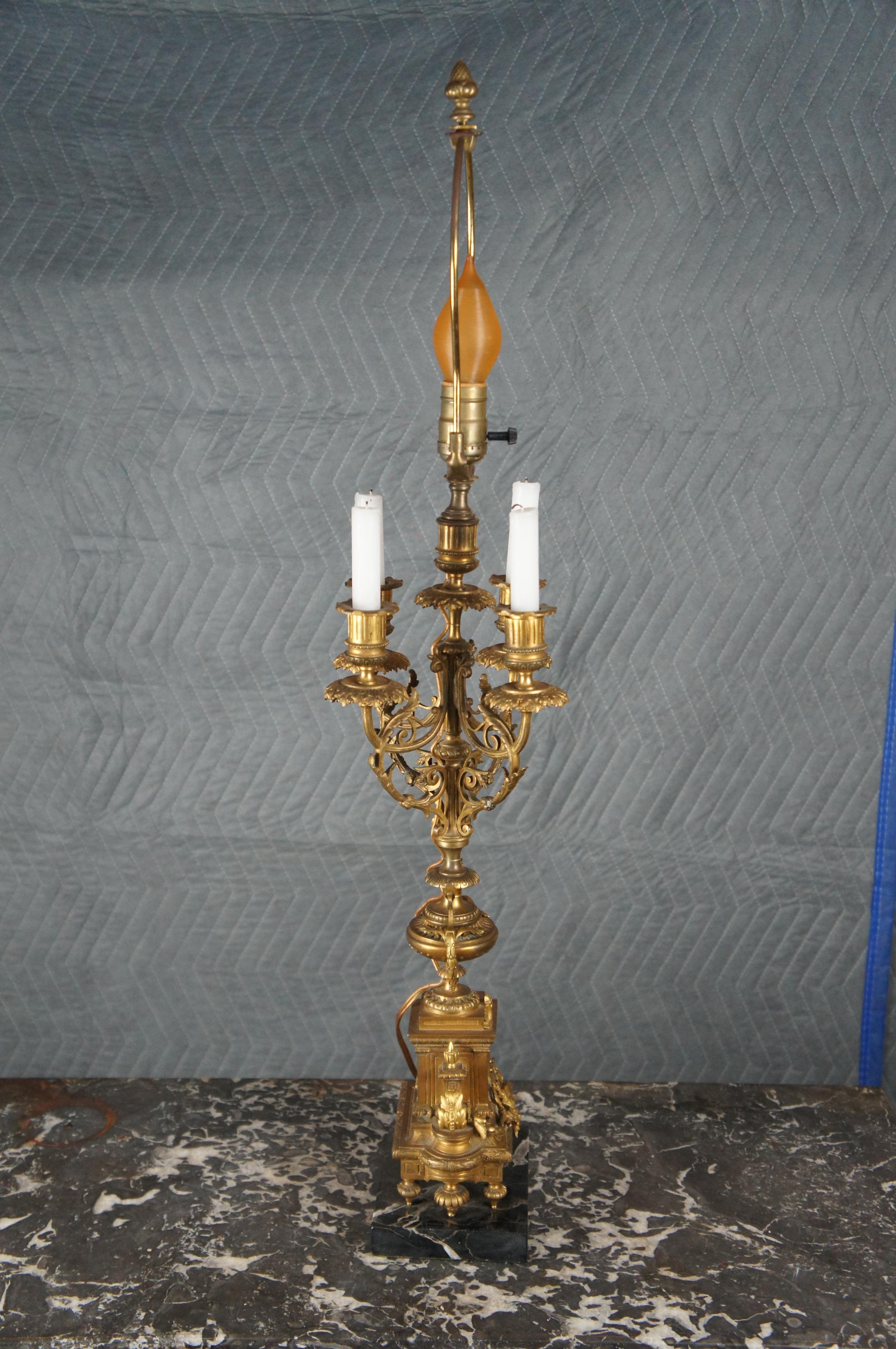 Antique French Louis XVI Gilt Brass Converted 4 Arm Candelabra Table Lamp Light For Sale 4