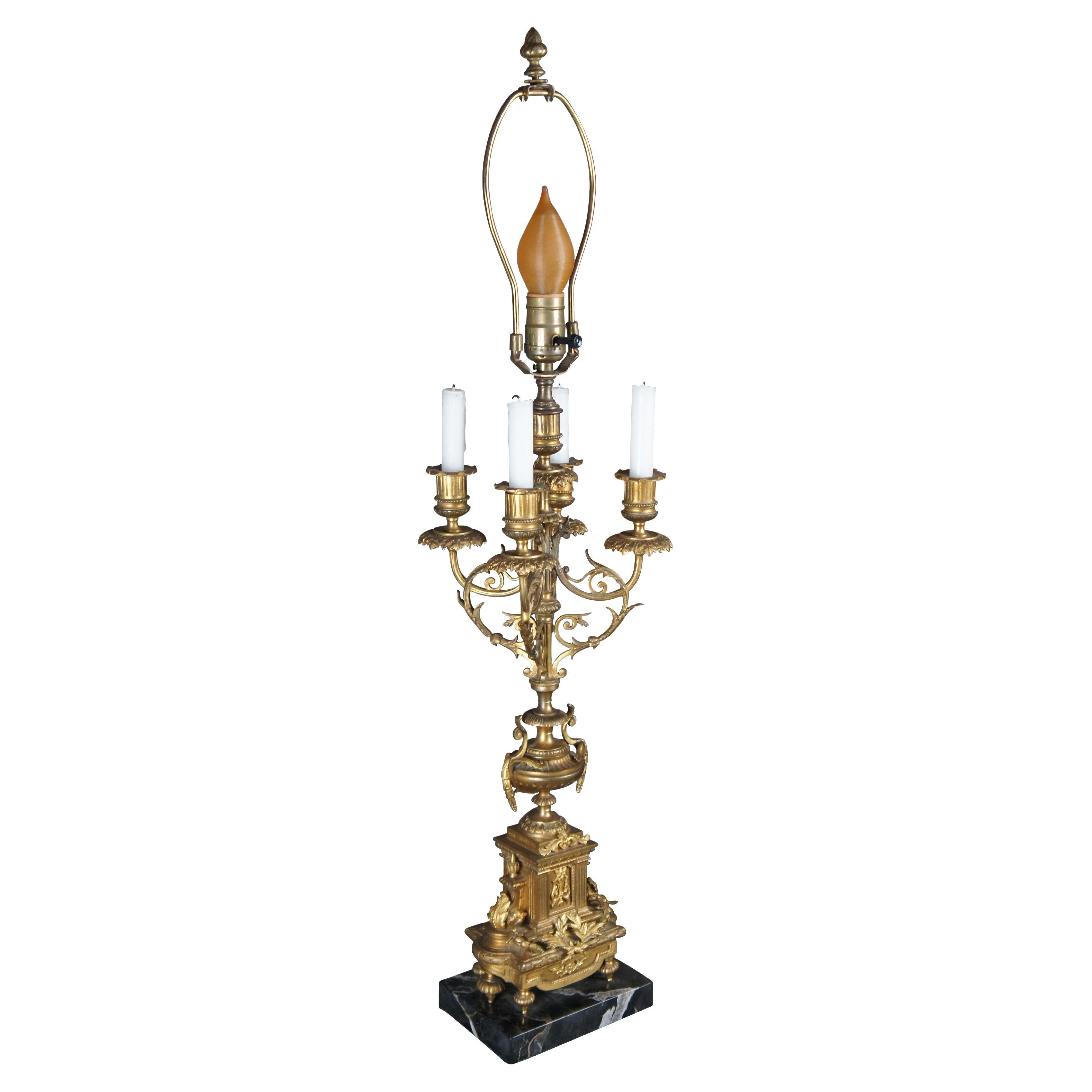 Antique French Louis XVI Gilt Brass Converted 4 Arm Candelabra Table Lamp Light For Sale