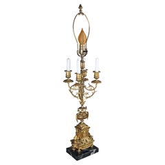 Antique French Louis XVI Gilt Brass Converted 4 Arm Candelabra Table Lamp Light