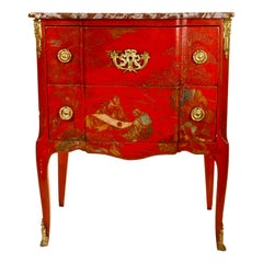 Antique French Louis XVI Gilt Bronze Mounted Red Lacquer Chinoiserie Commode