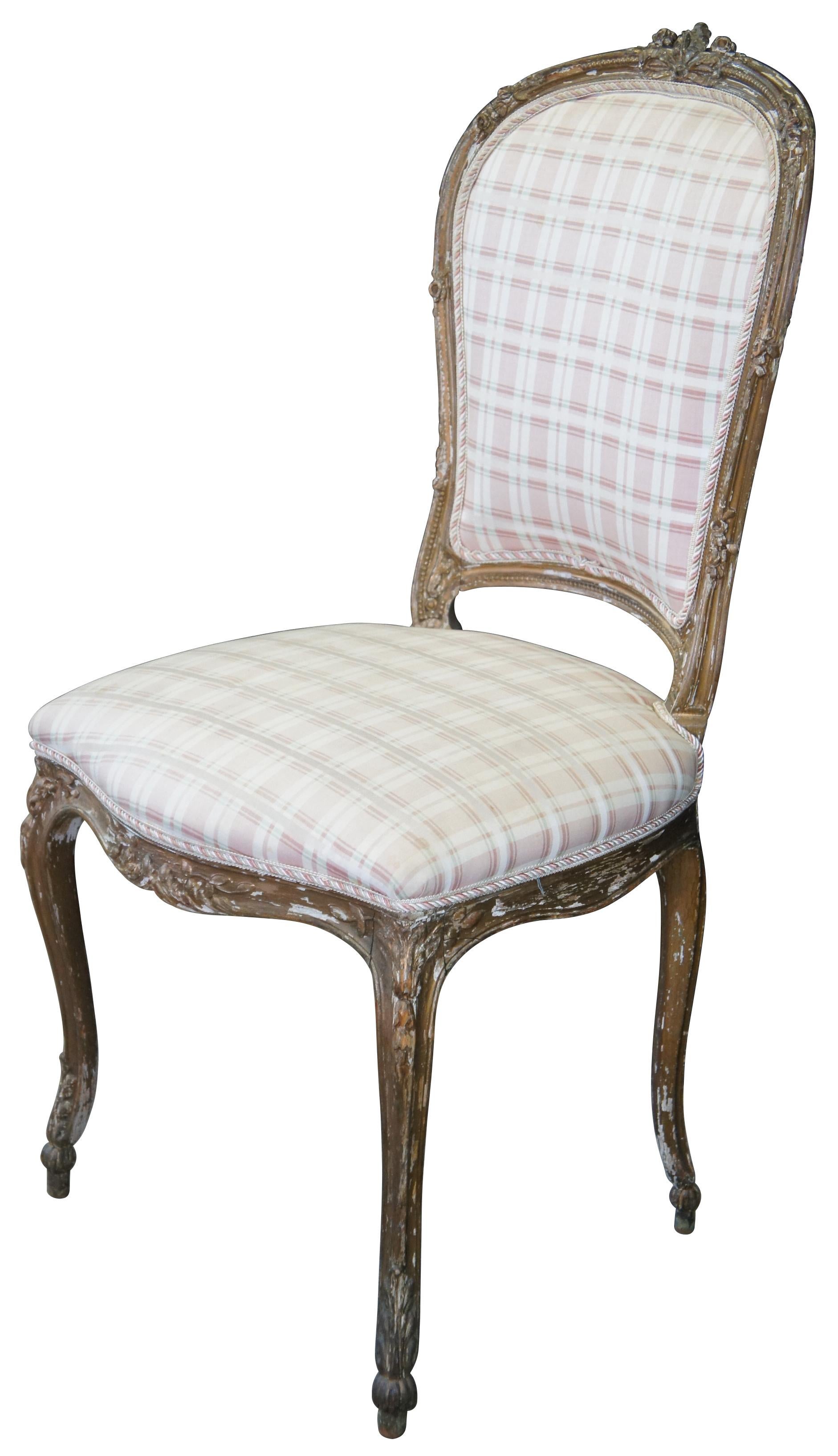 Antique French Louis XVI Gilt Neoclassical Plaid Side Accent Vanity Chair In Good Condition In Dayton, OH