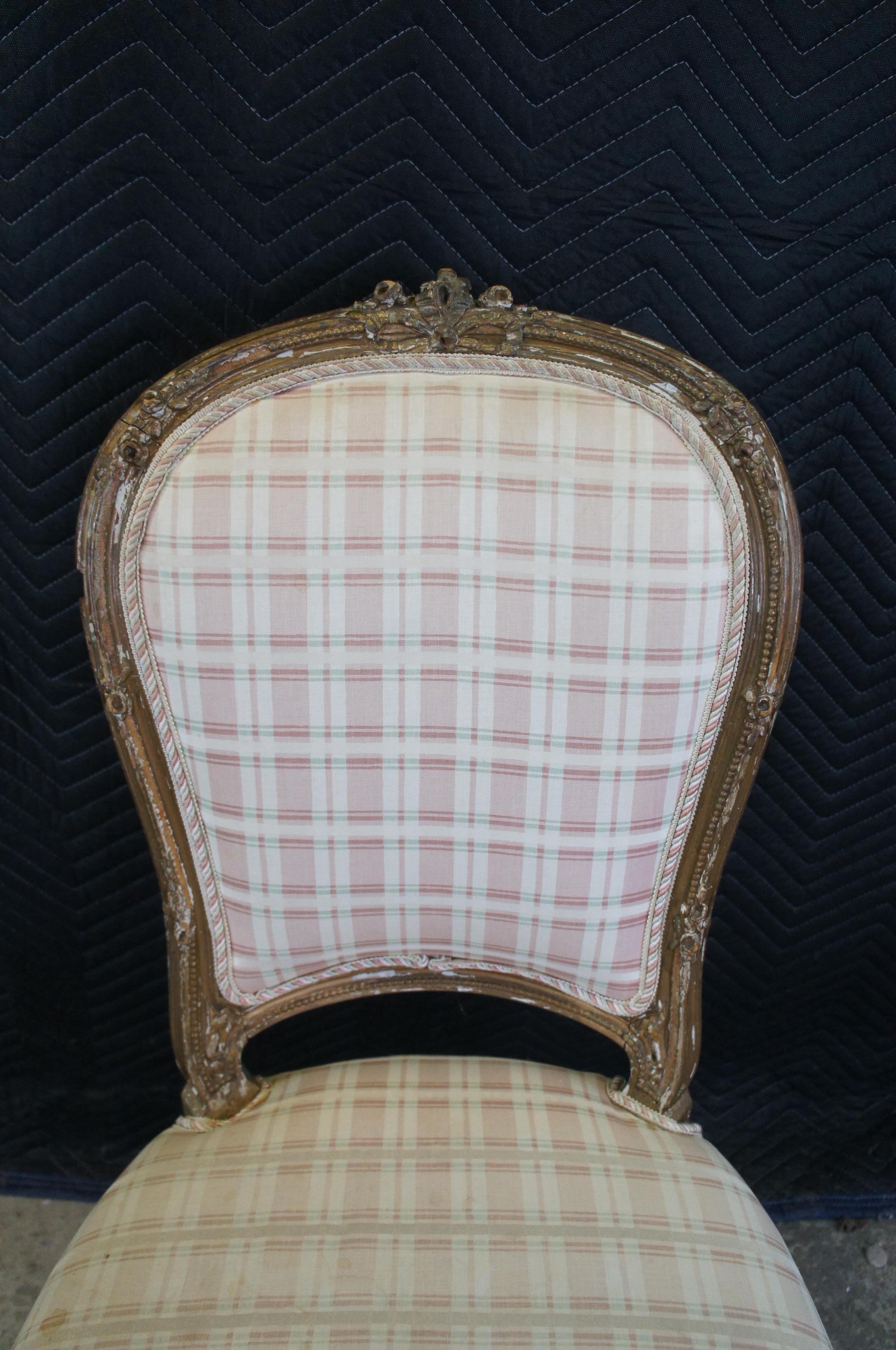20th Century Antique French Louis XVI Gilt Neoclassical Plaid Side Accent Vanity Chair