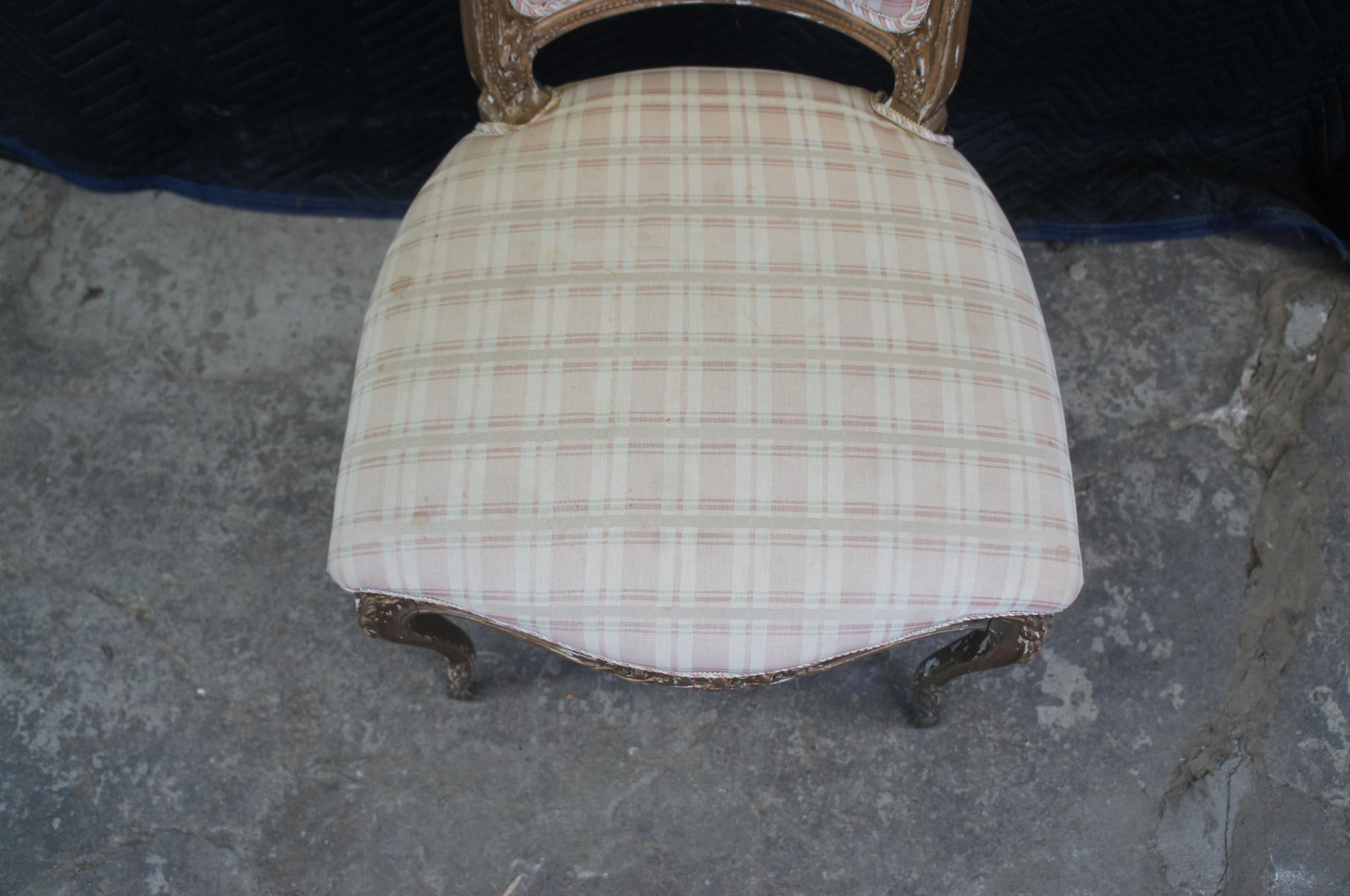 Upholstery Antique French Louis XVI Gilt Neoclassical Plaid Side Accent Vanity Chair
