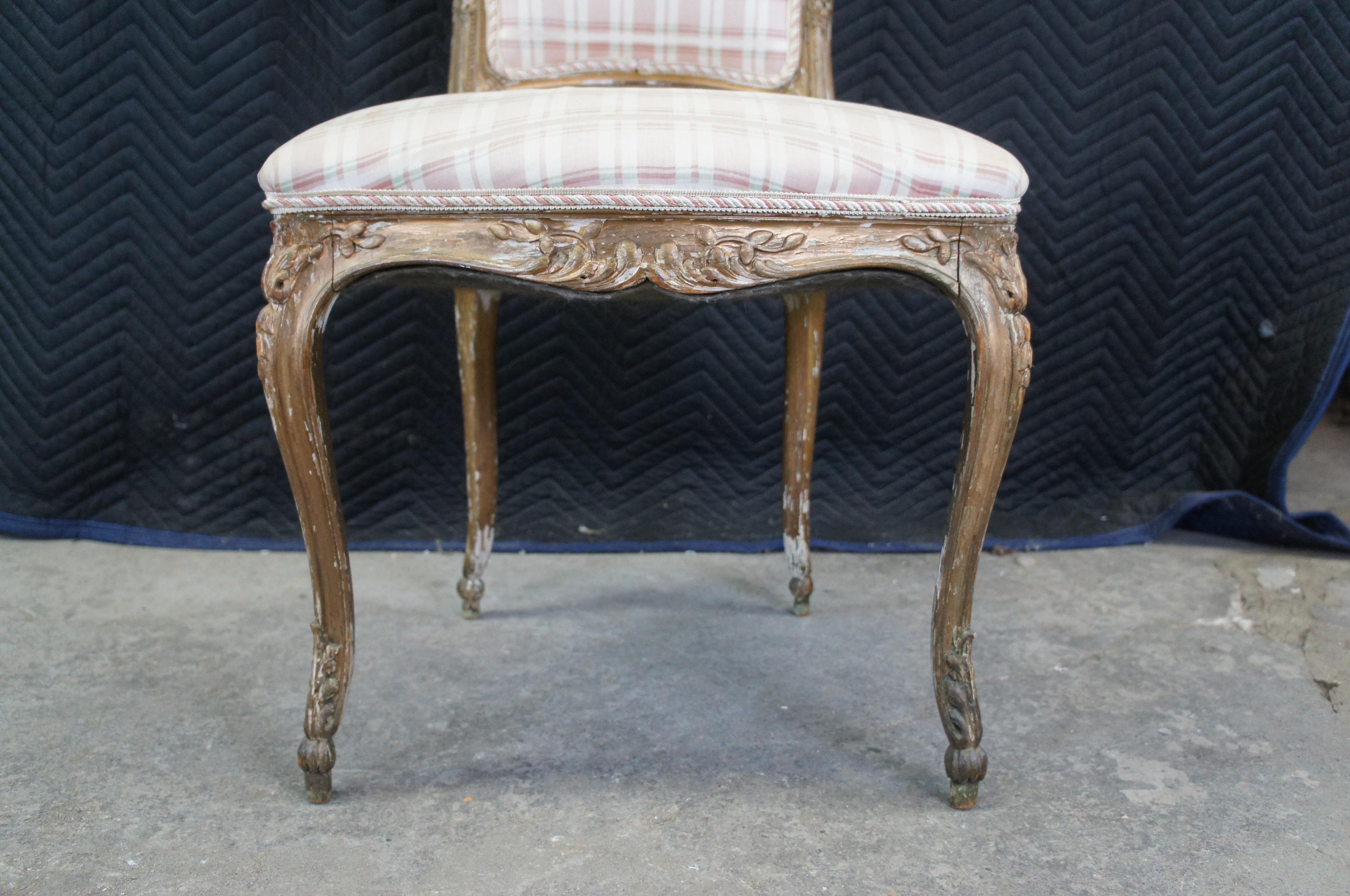 Antique French Louis XVI Gilt Neoclassical Plaid Side Accent Vanity Chair 1