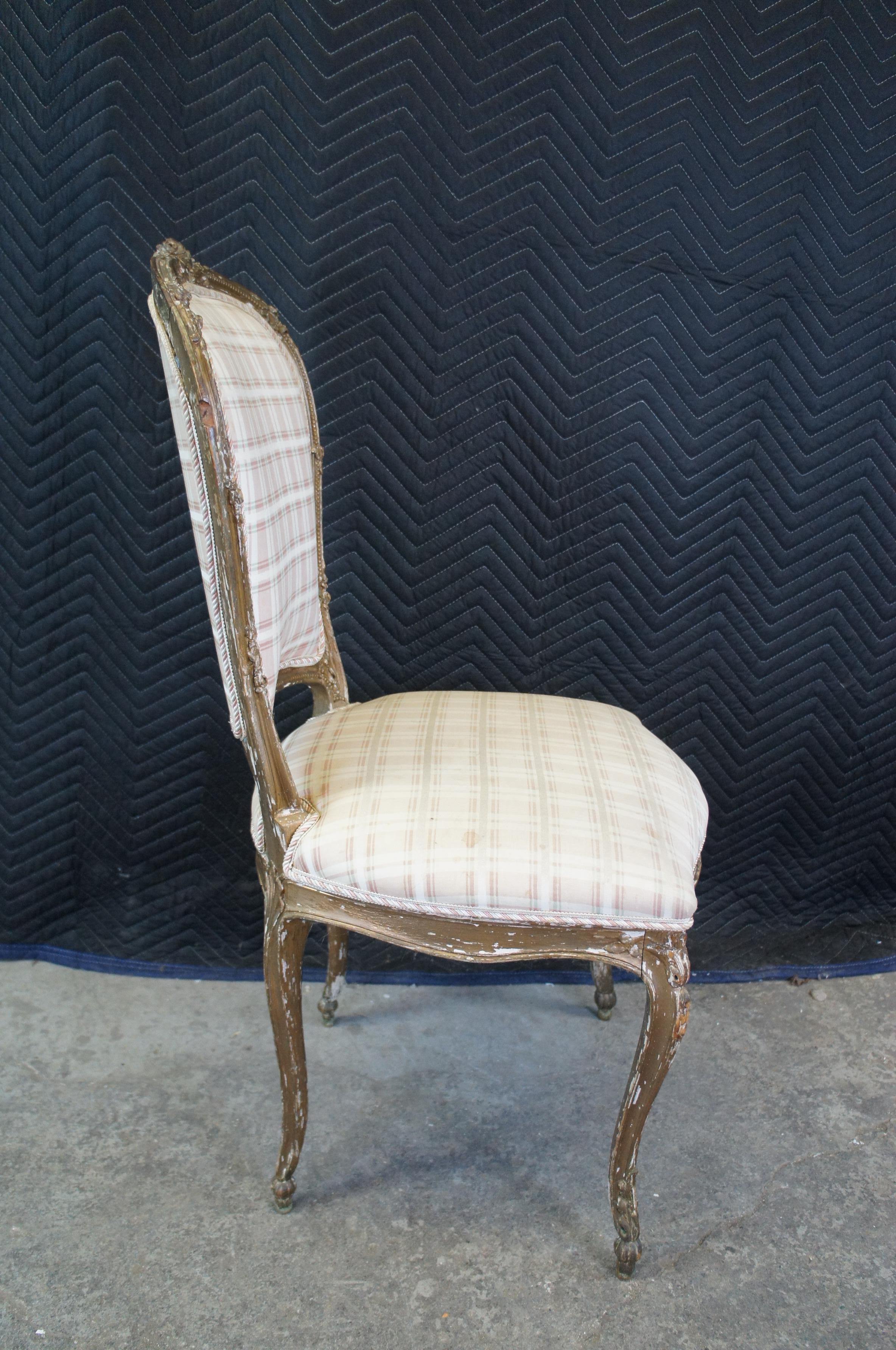 Antique French Louis XVI Gilt Neoclassical Plaid Side Accent Vanity Chair 2