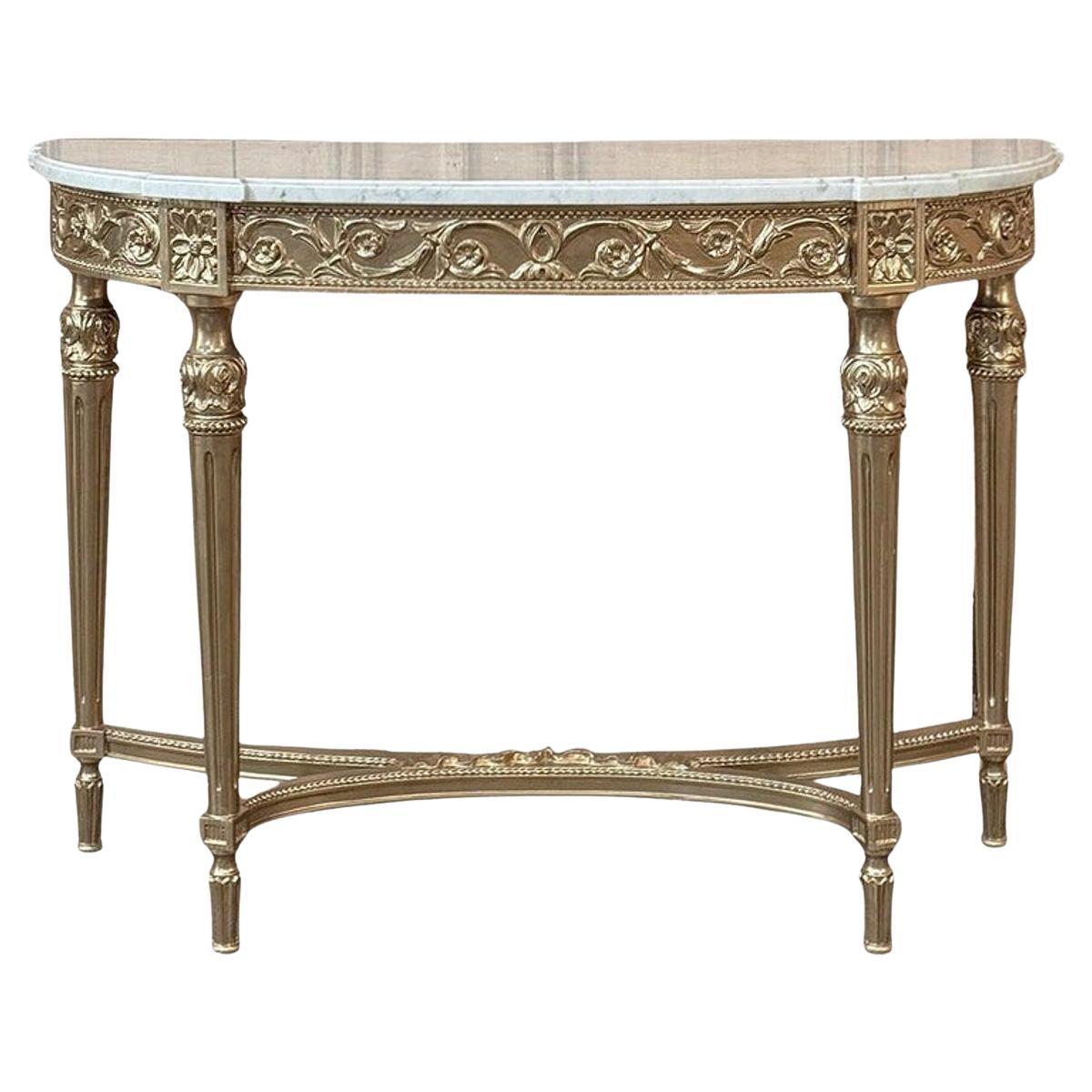 Antique French Louis XVI Giltwood Demilune Console with Carrara Marble For Sale
