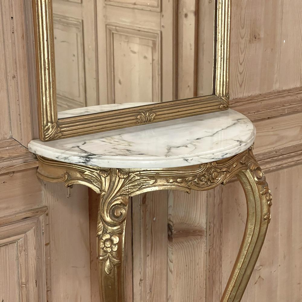 Antique French Louis XVI Giltwood Marble Top Console with Trumeau Mirror For Sale 5