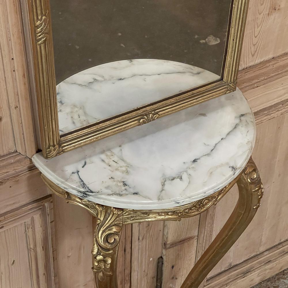 Antique French Louis XVI Giltwood Marble Top Console with Trumeau Mirror For Sale 9