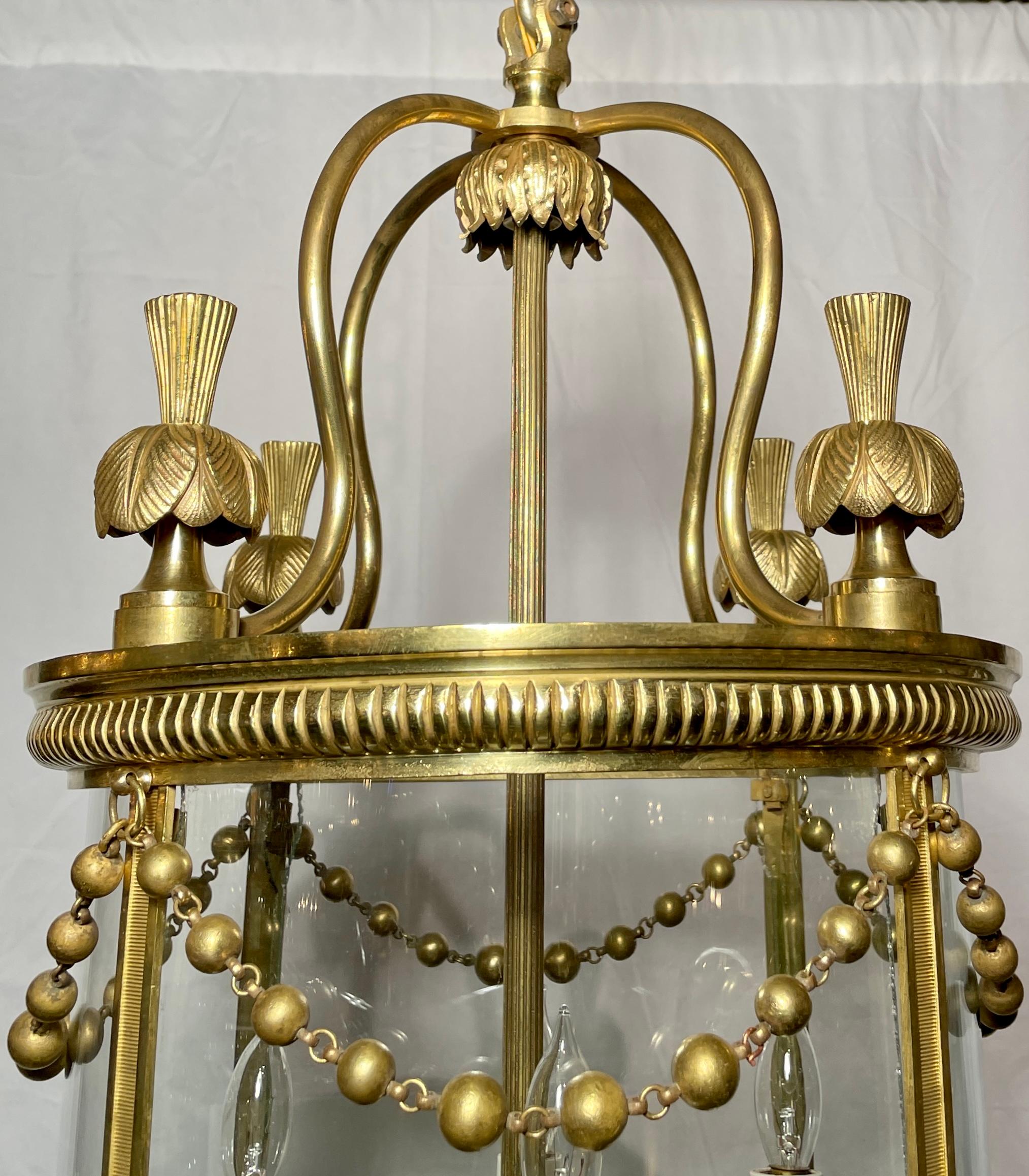 19th Century Antique French Louis XVI Gold Bronze 4 Light Lantern, Circa 1880. For Sale