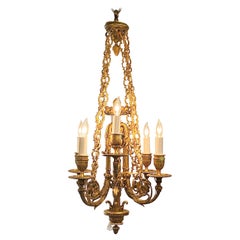 Antique French Louis XVI Gold Bronze 6 Light Chandelier, Circa 1890-1900.