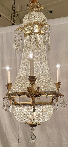Antique French Louis XVI Gold Bronze and Beaded Crystal Chandelier, Circa 1890