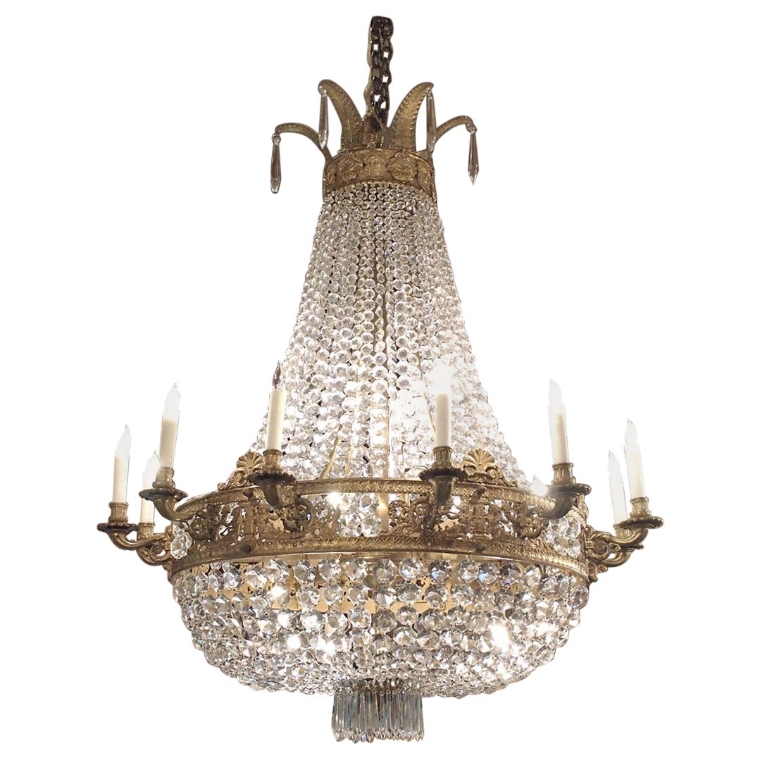 Antique French Louis XVI Gold Bronze and Crystal Chandelier, Circa 1890.