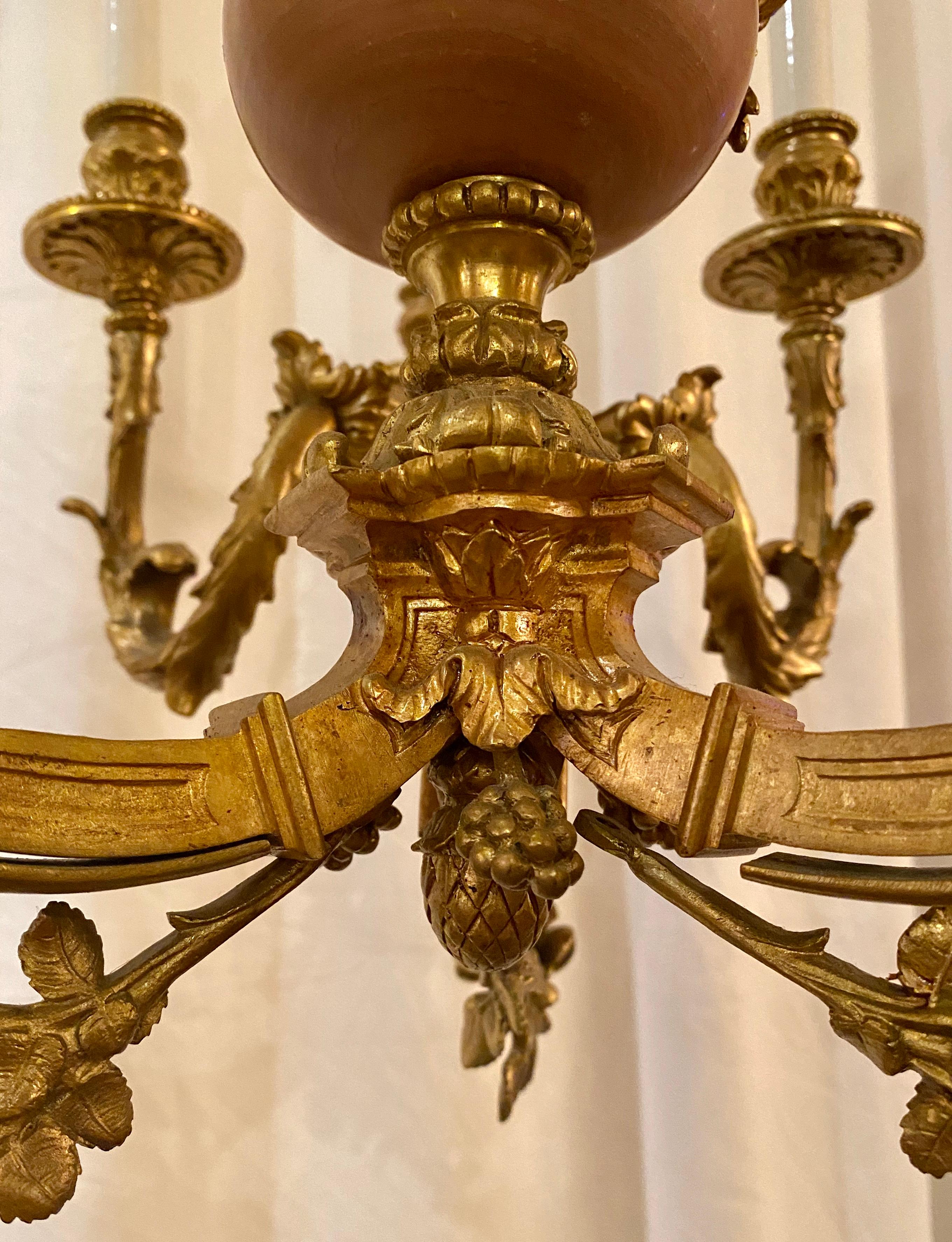 19th Century Antique French Louis XVI Gold Bronze and Pink Marble Chandelier, circa 1865-1880 For Sale