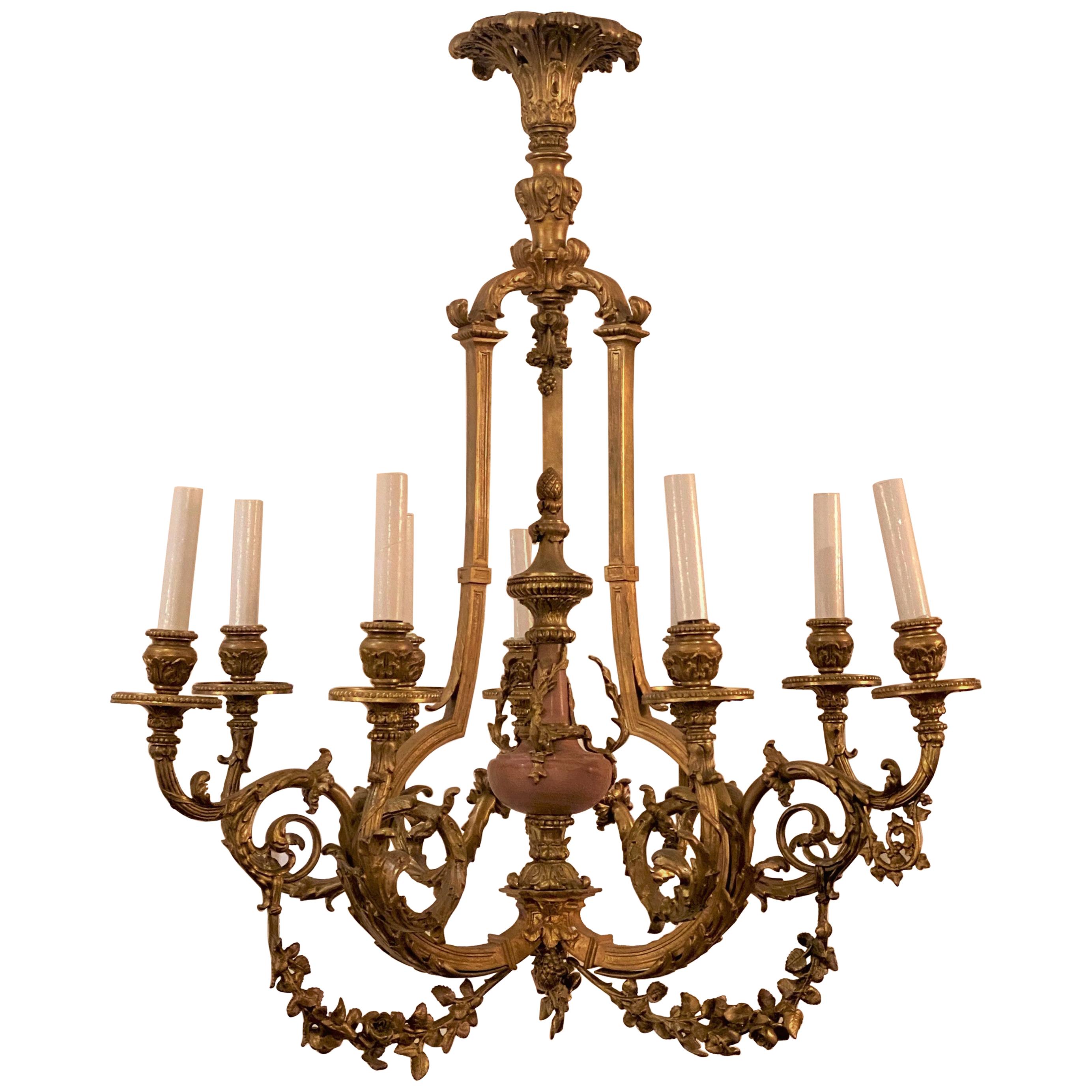 Antique French Louis XVI Gold Bronze and Pink Marble Chandelier, circa 1865-1880 For Sale