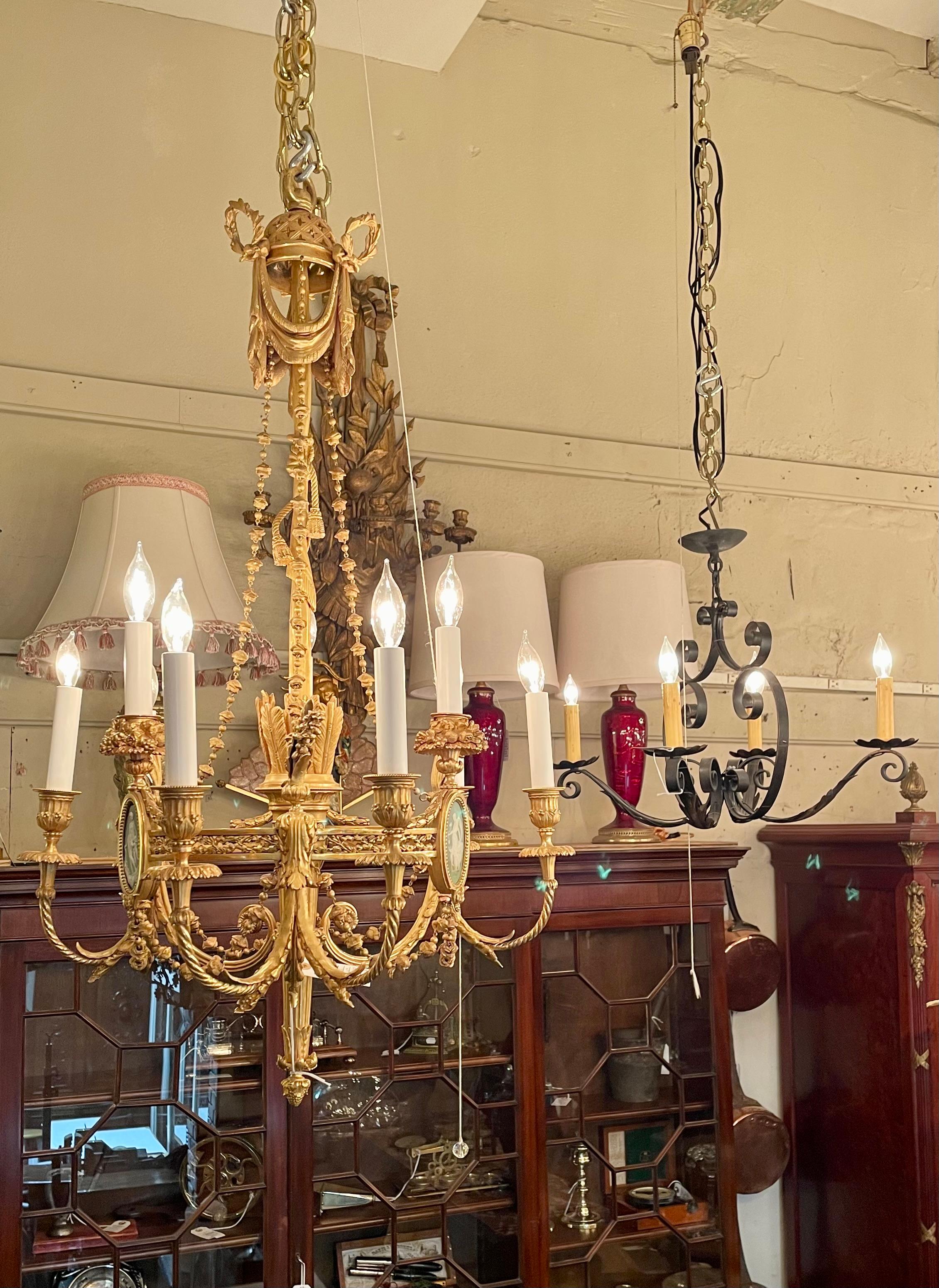 Antique French Louis XVI Gold Bronze Chandelier with Wedgwood Mounts, Circa 1880 For Sale 7