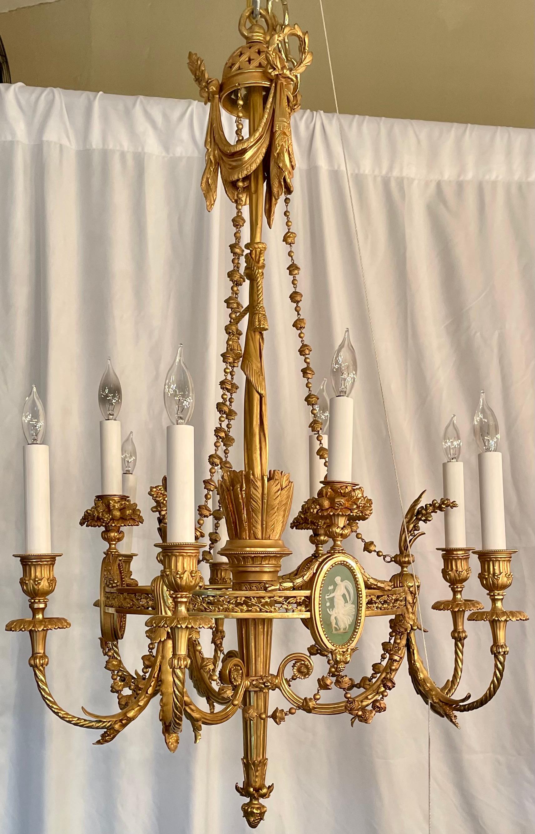 Antique French Louis XVI Gold Bronze Chandelier with Wedgwood Mounts, Circa 1880 In Good Condition For Sale In New Orleans, LA