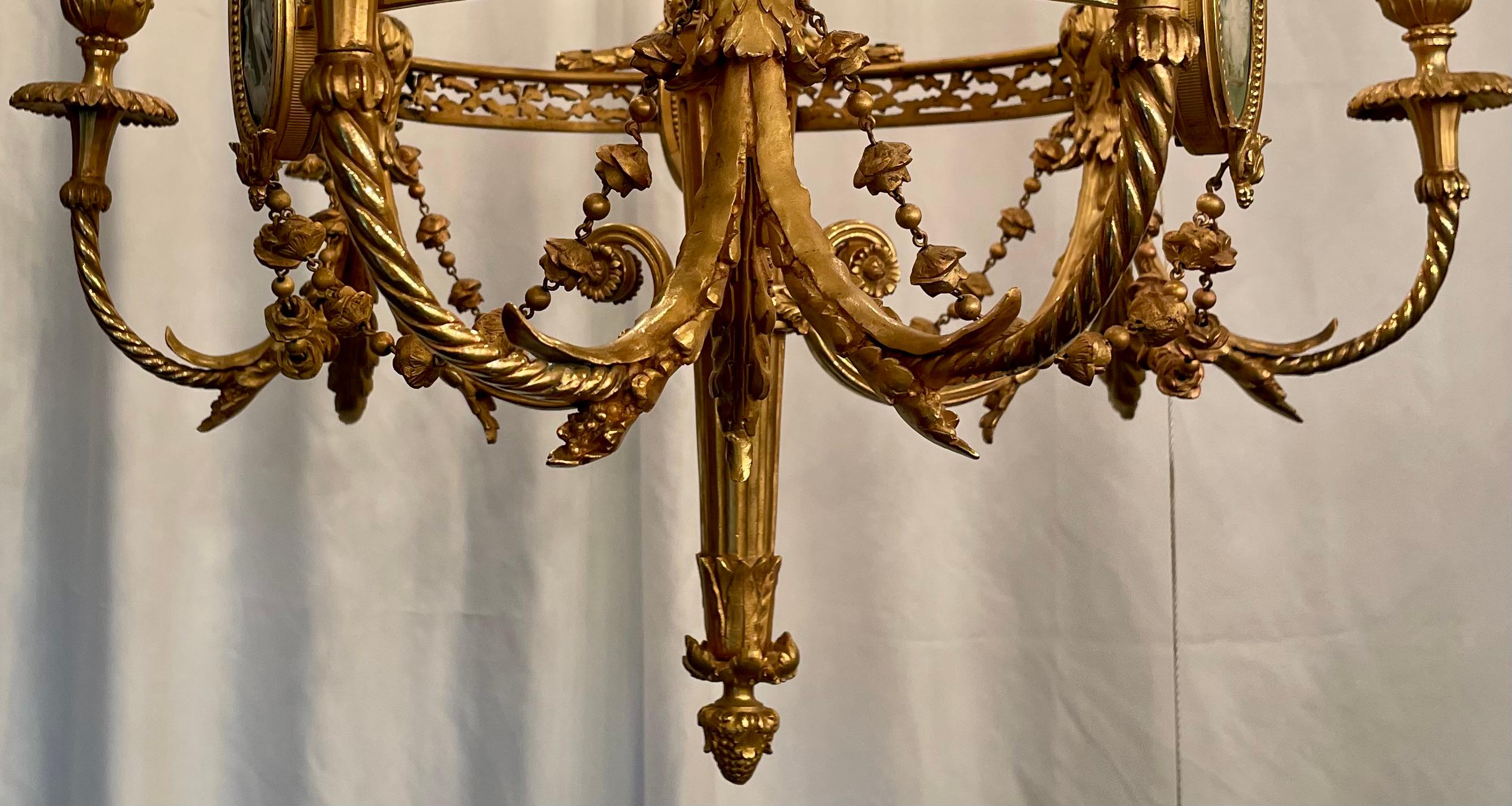 19th Century Antique French Louis XVI Gold Bronze Chandelier with Wedgwood Mounts, Circa 1880 For Sale