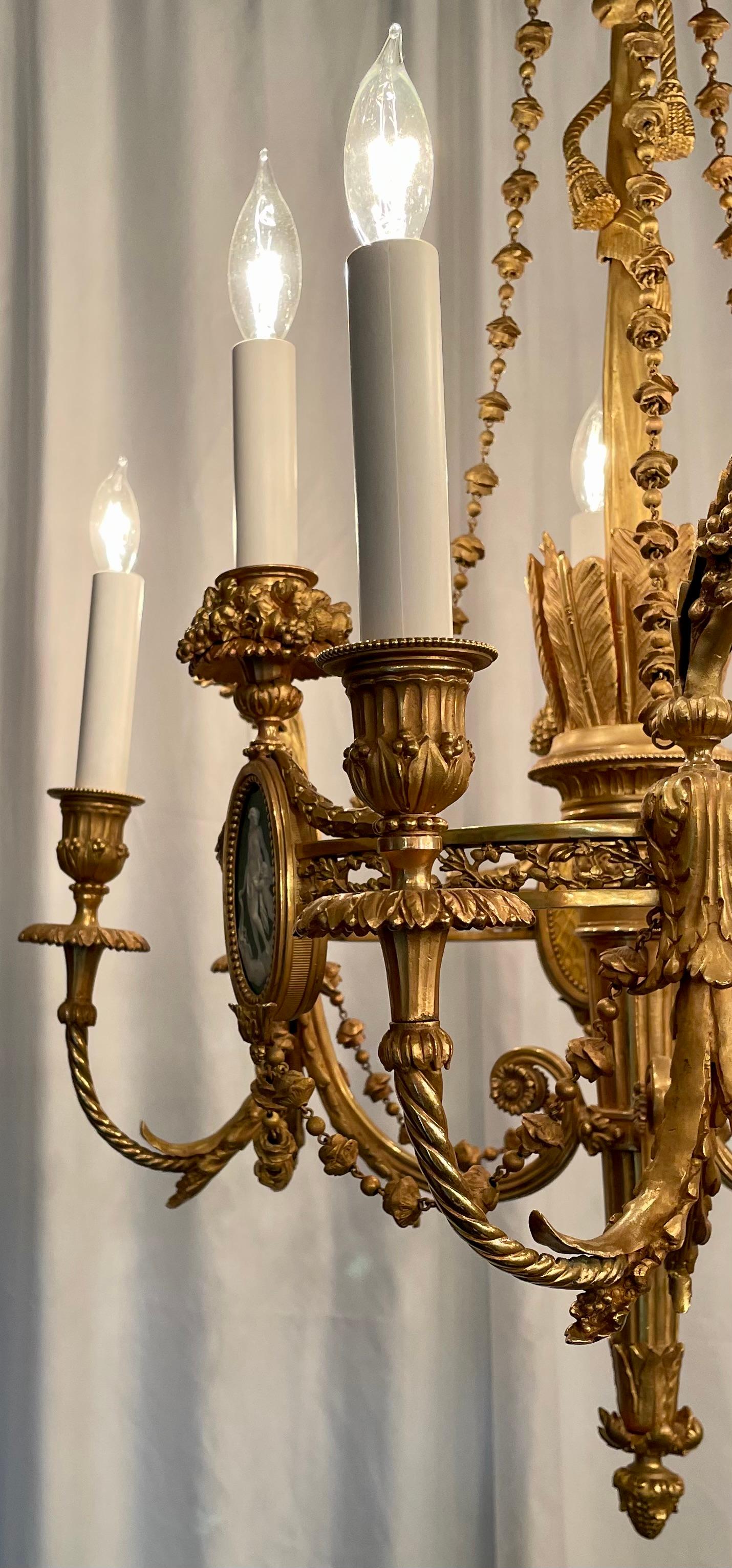 Antique French Louis XVI Gold Bronze Chandelier with Wedgwood Mounts, Circa 1880 For Sale 1