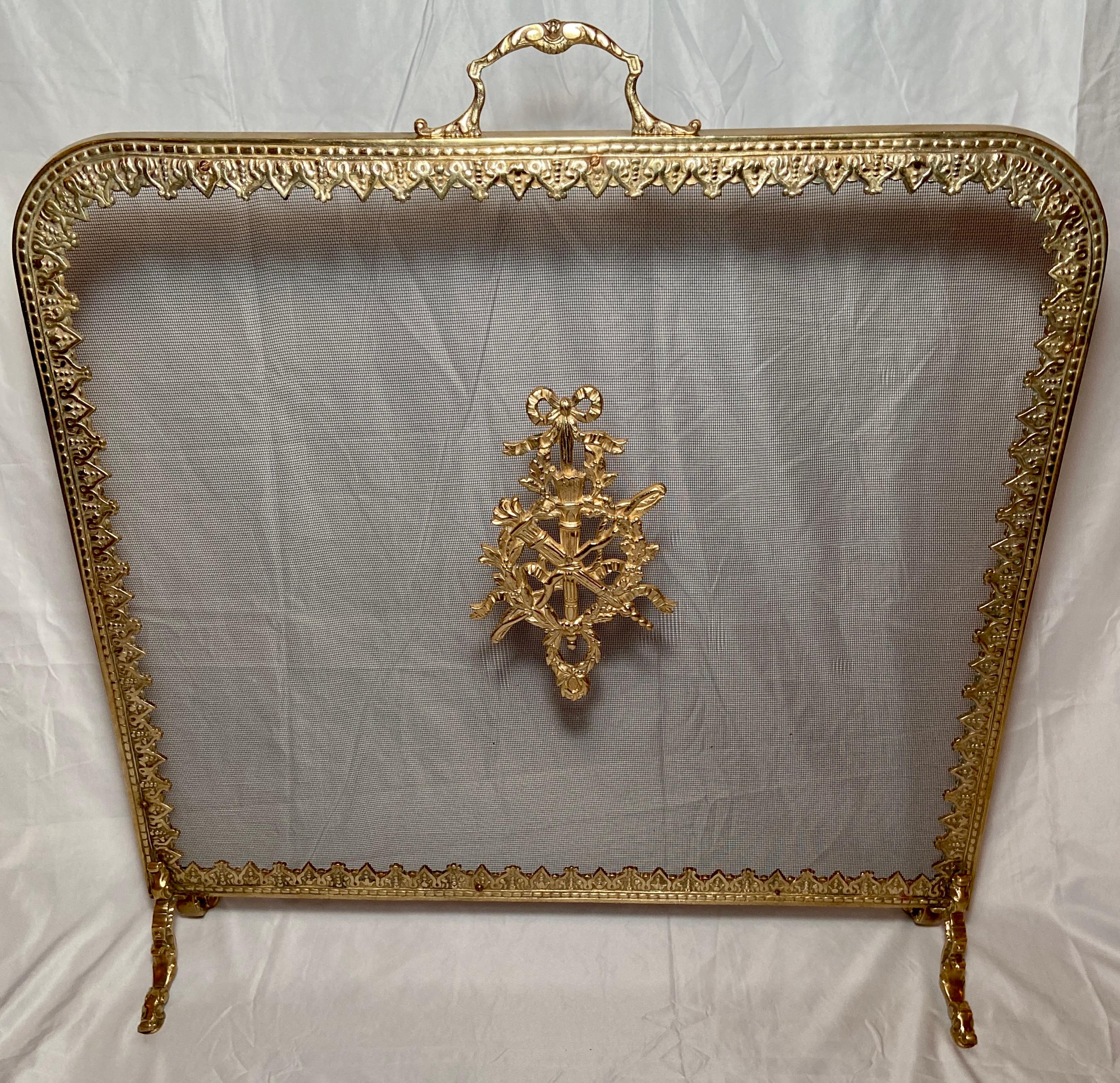 Antique French Louis XVI gold bronze fire screen, circa 1880.