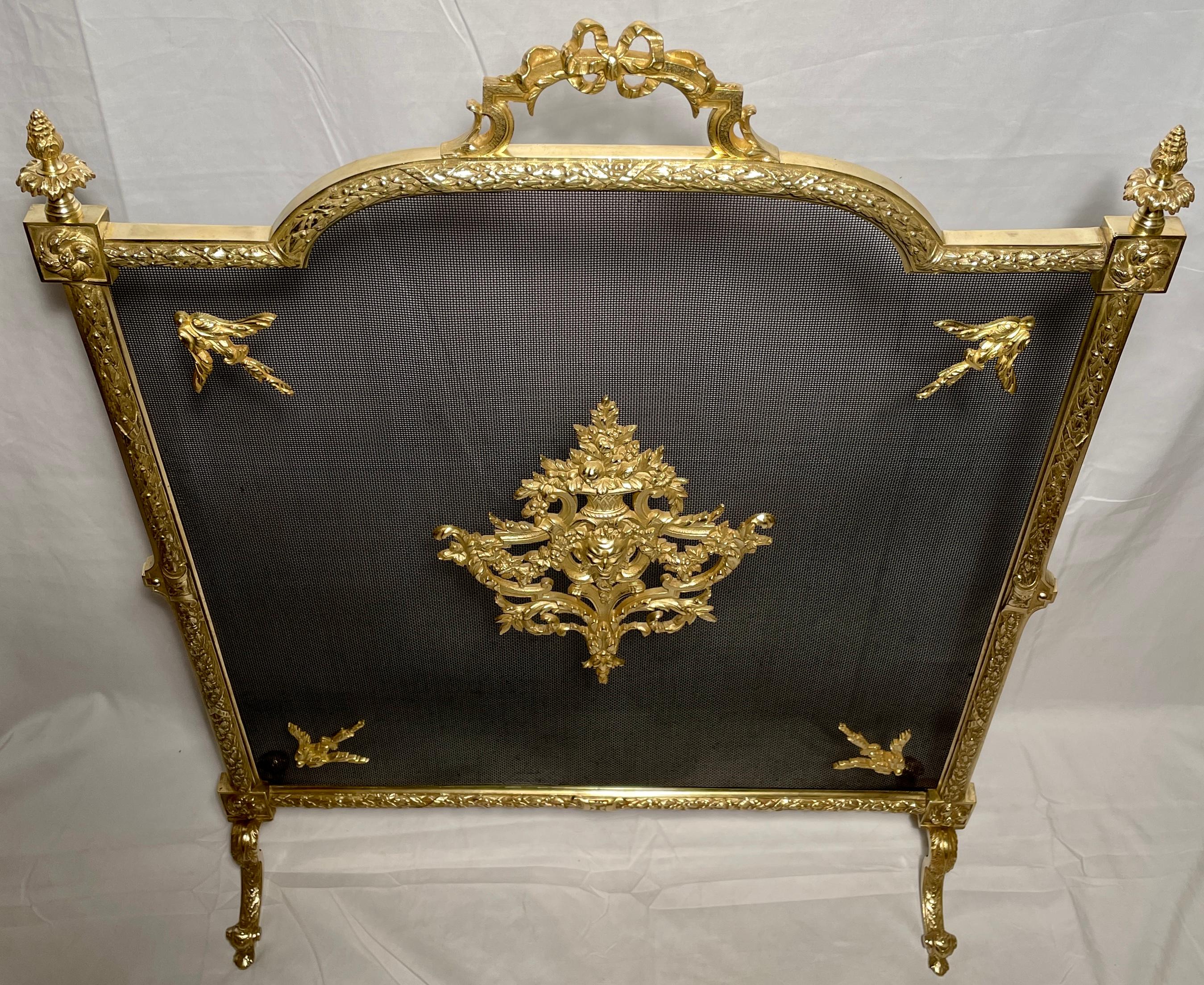 Antique French Louis XVI gold bronze fire screen, circa 1890.