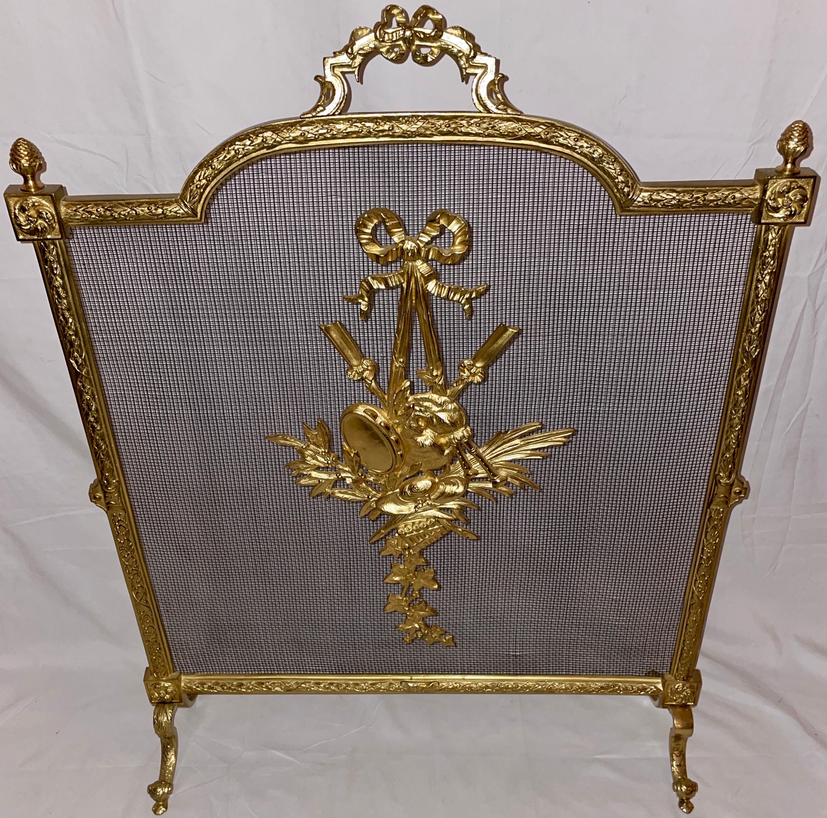 Antique French Louis XVI gold bronze fire screen, circa 1900-1910.