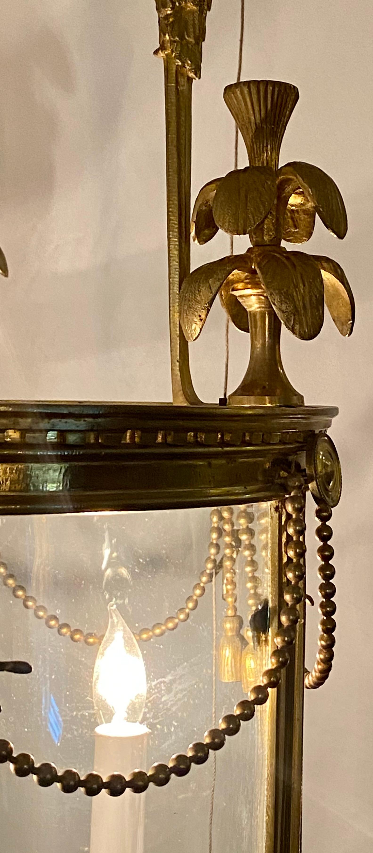 Antique French Louis XVI Gold Bronze Hall Lantern, circa 1880-1890 In Good Condition For Sale In New Orleans, LA