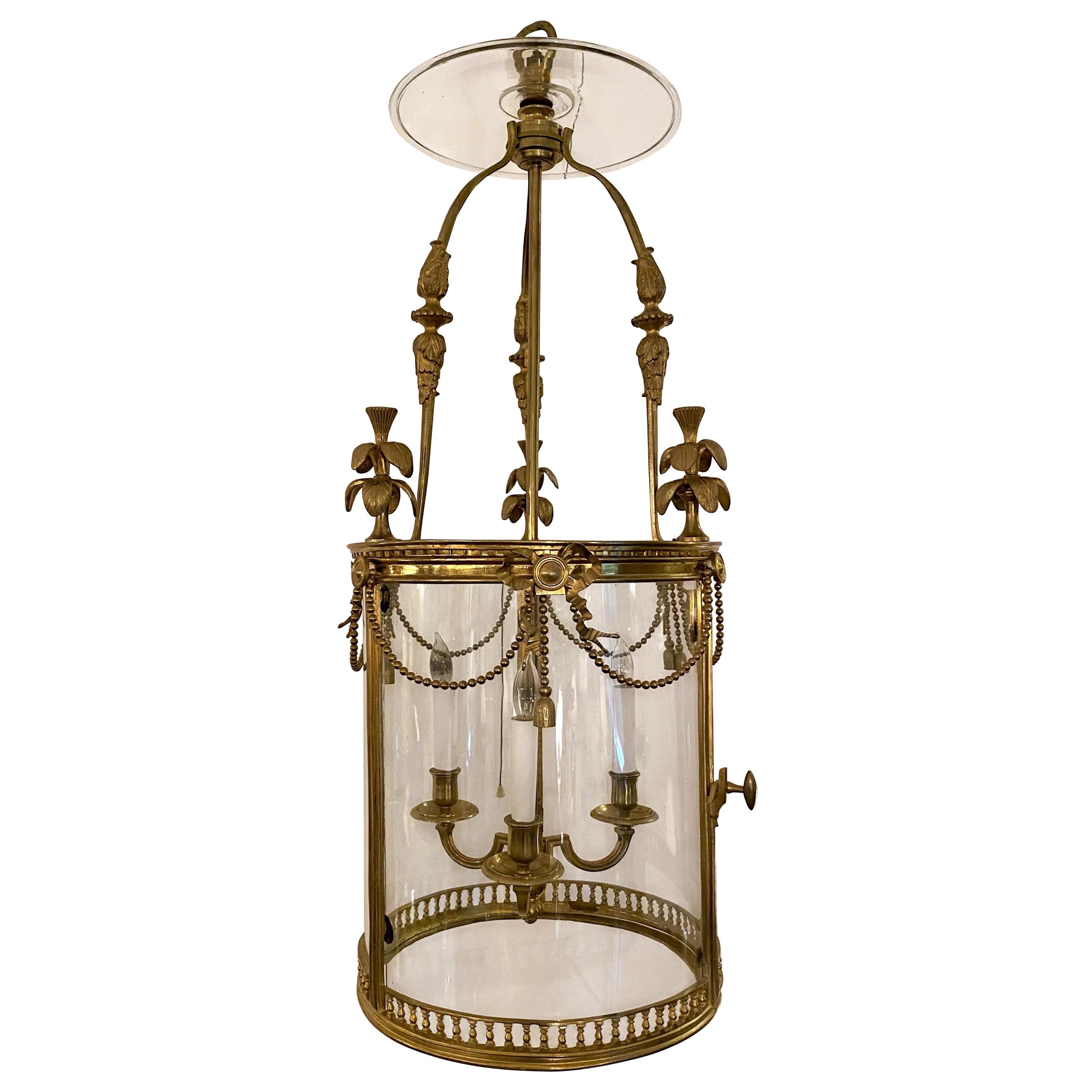 Antique French Louis XVI Gold Bronze Hall Lantern, circa 1880-1890 For Sale