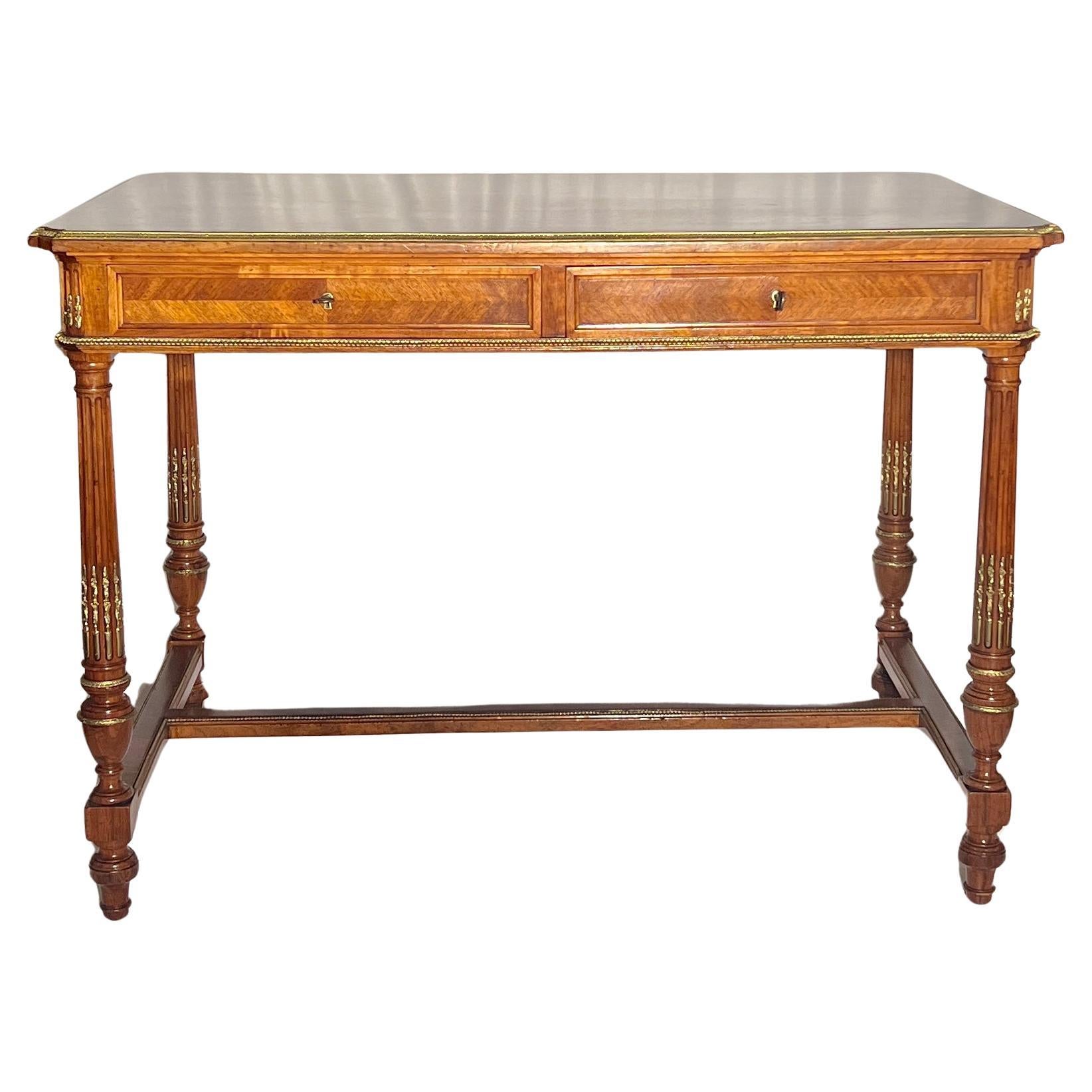 Antique French Louis XVI Gold Bronze Mounted Kingwood Writing Table, Circa 1885.