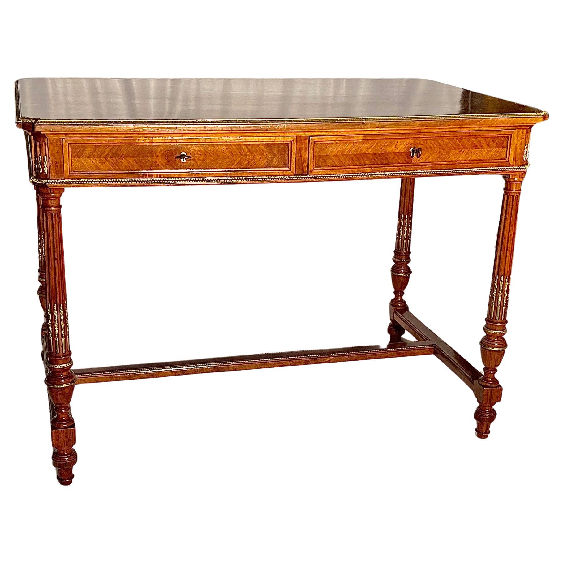 Antique French Louis XVI Gold Bronze Mounted Kingwood Writing Table, Circa 1885 For Sale