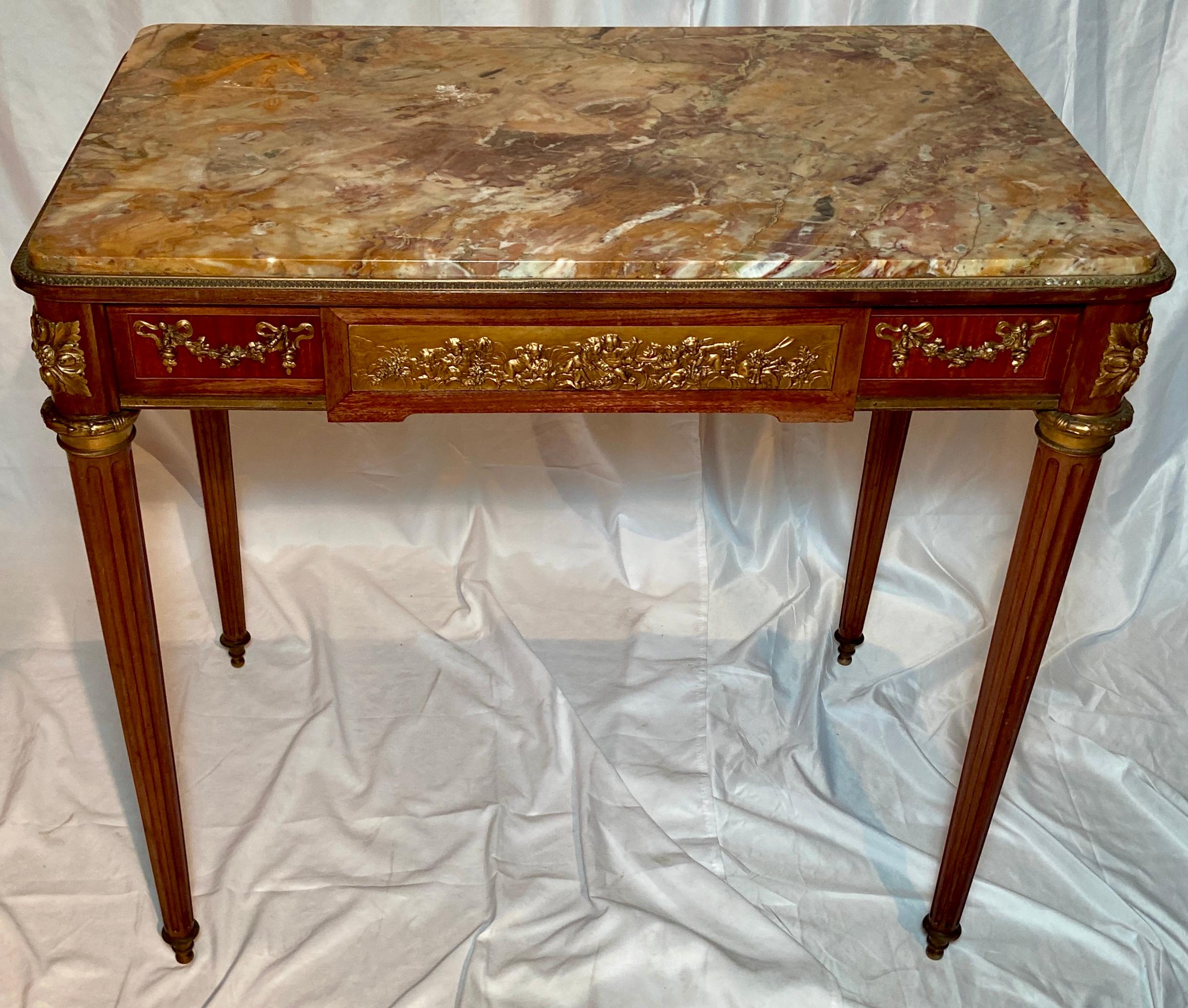 Antique French Louis XVI gold bronze mounted Mahogany marble-top occasional table, Circa 1880.