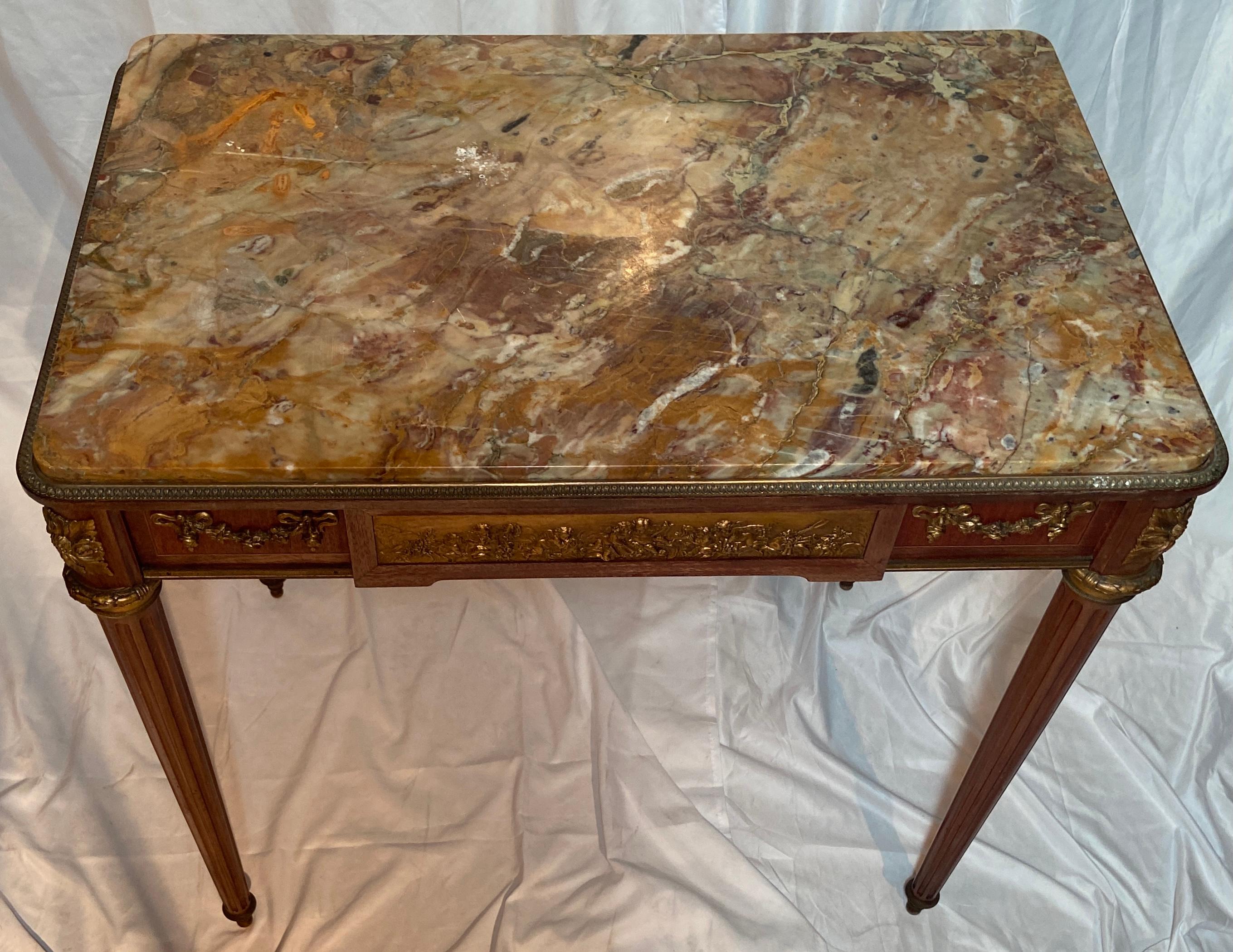 Antique French Louis XVI Gold Bronze Mounted Mahogany Marble-Top Table, Ca. 1880 In Good Condition For Sale In New Orleans, LA