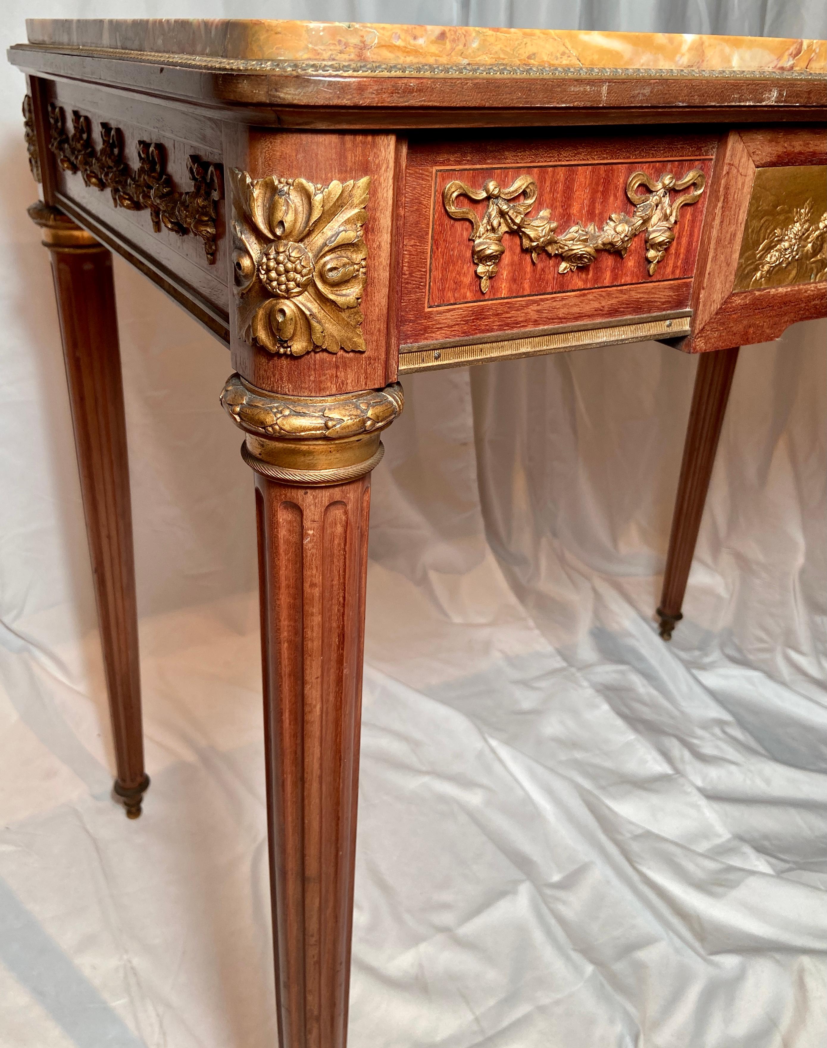 19th Century Antique French Louis XVI Gold Bronze Mounted Mahogany Marble-Top Table, Ca. 1880 For Sale