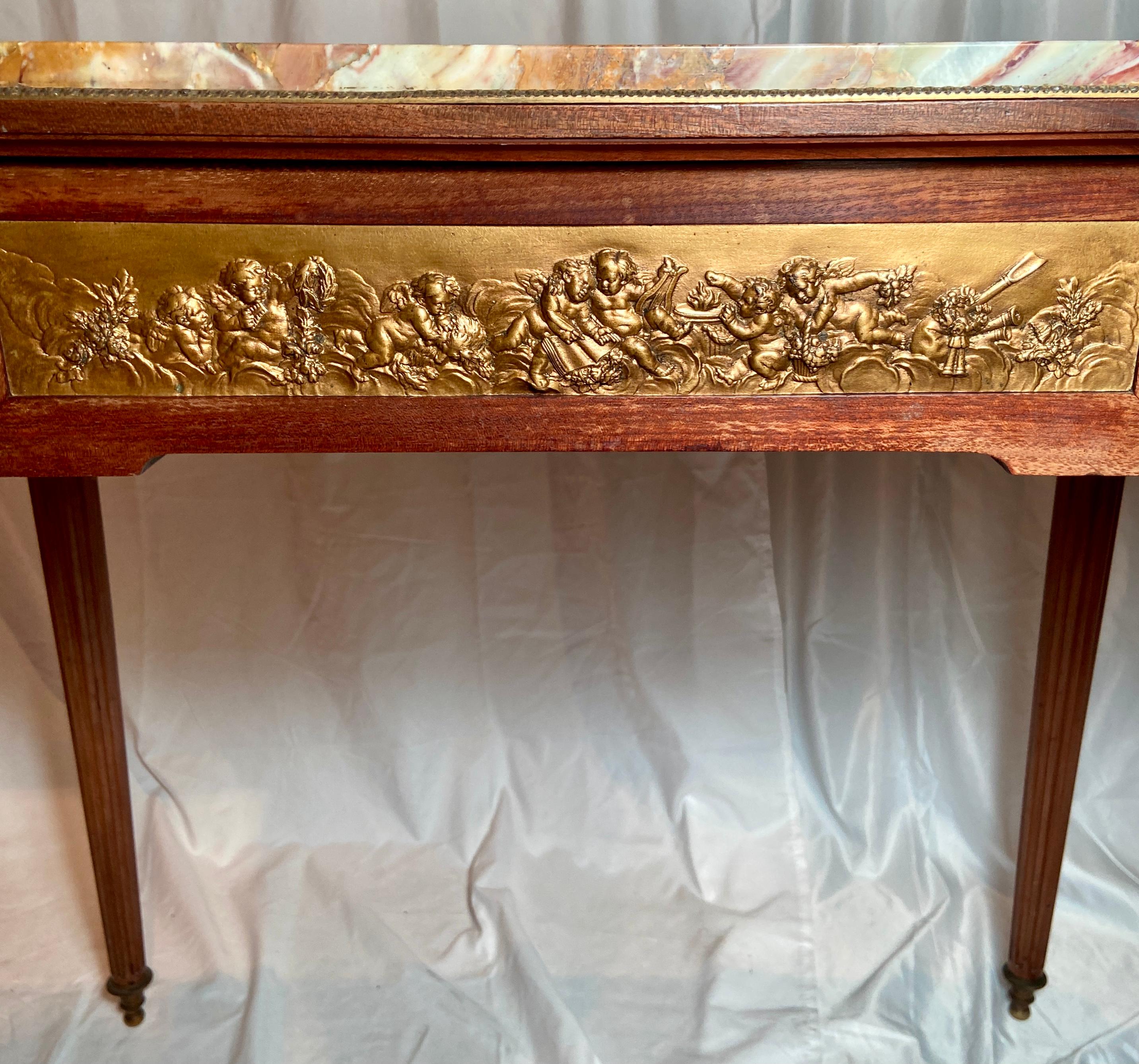 Antique French Louis XVI Gold Bronze Mounted Mahogany Marble-Top Table, Ca. 1880 For Sale 1