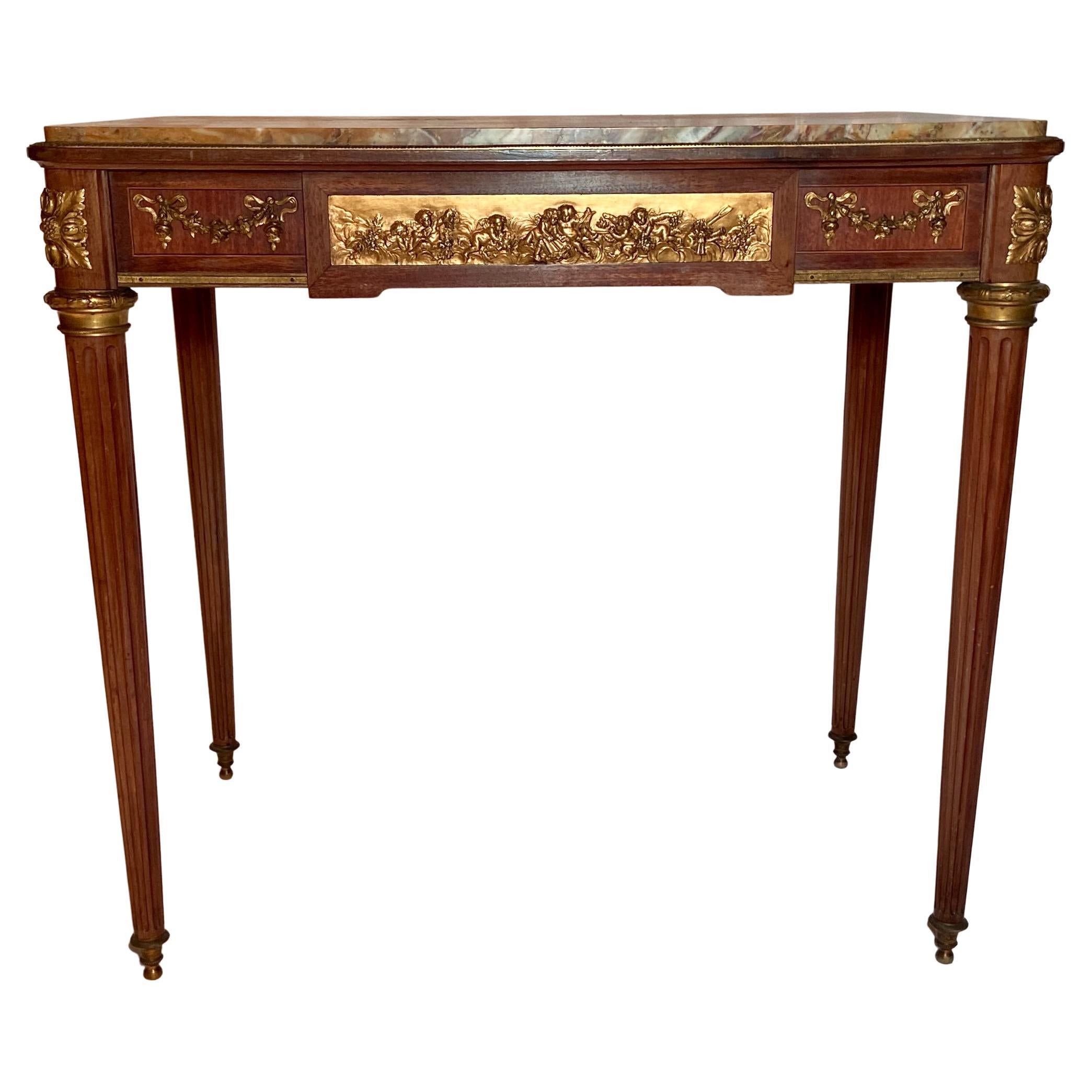 Antique French Louis XVI Gold Bronze Mounted Mahogany Marble-Top Table, Ca. 1880 For Sale