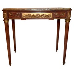 Antique French Louis XVI Gold Bronze Mounted Mahogany Marble-Top Table, Ca. 1880