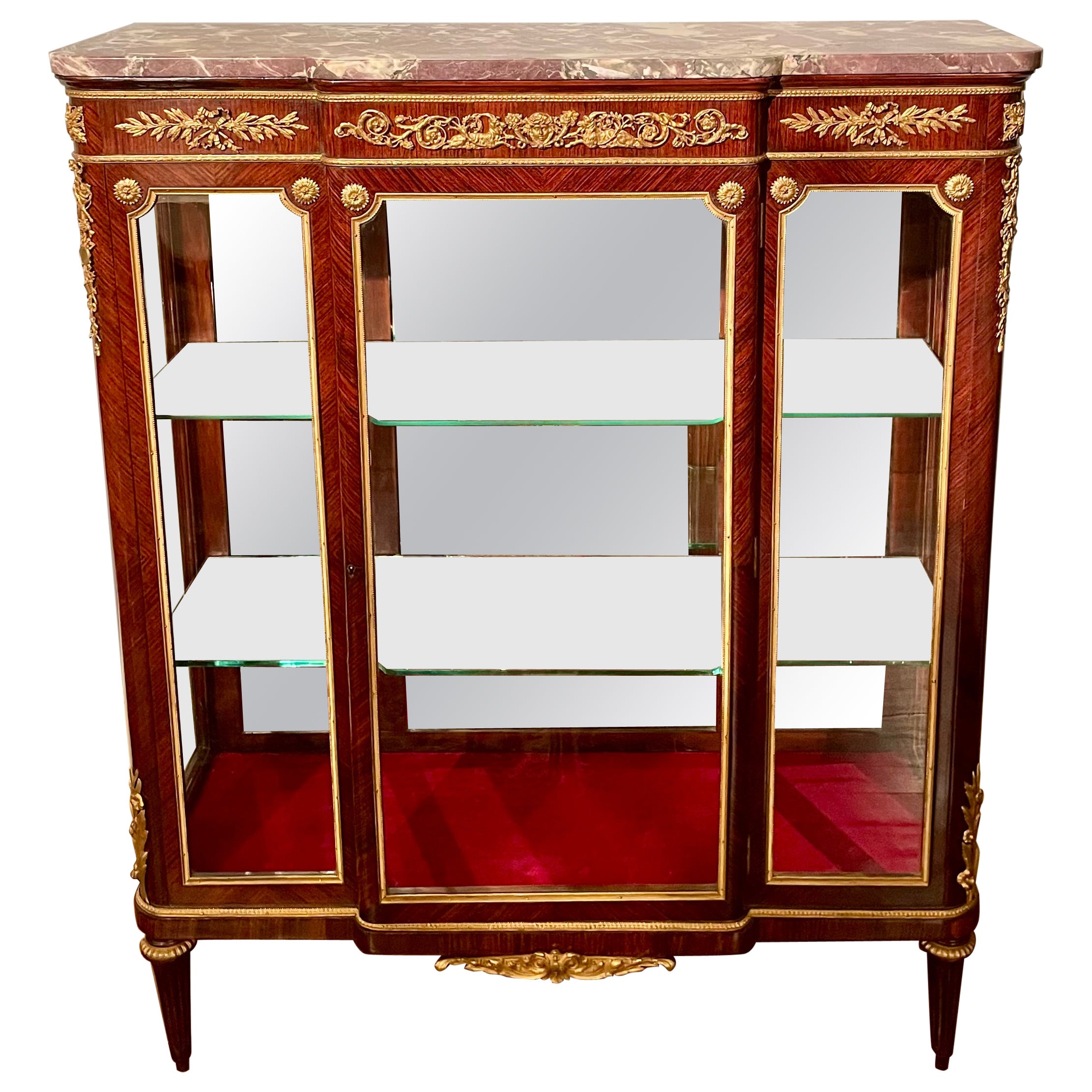 Antike Französisch Louis XVI Gold Bronze montiert Marmor Top Mahagoni Vitrine Ca 1875