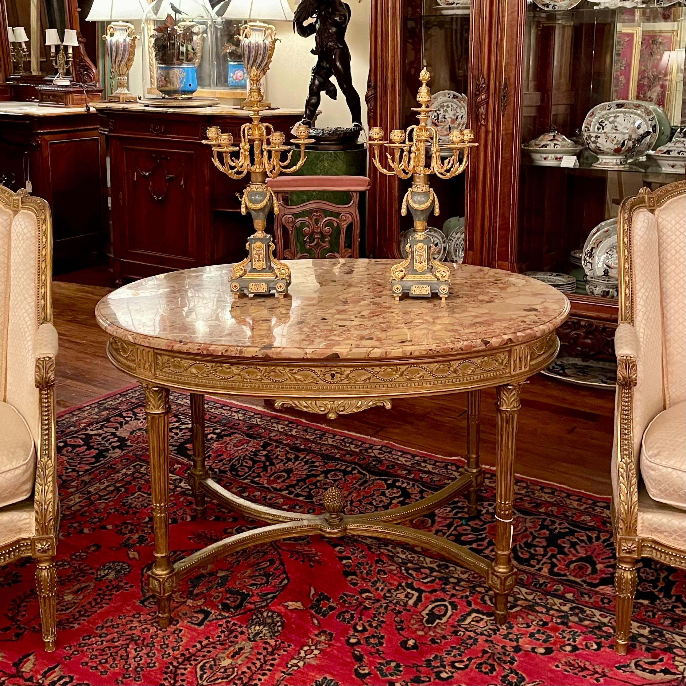 Ancienne table centrale française Louis XVI en or avec plateau en marbre, vers 1880. en vente 5