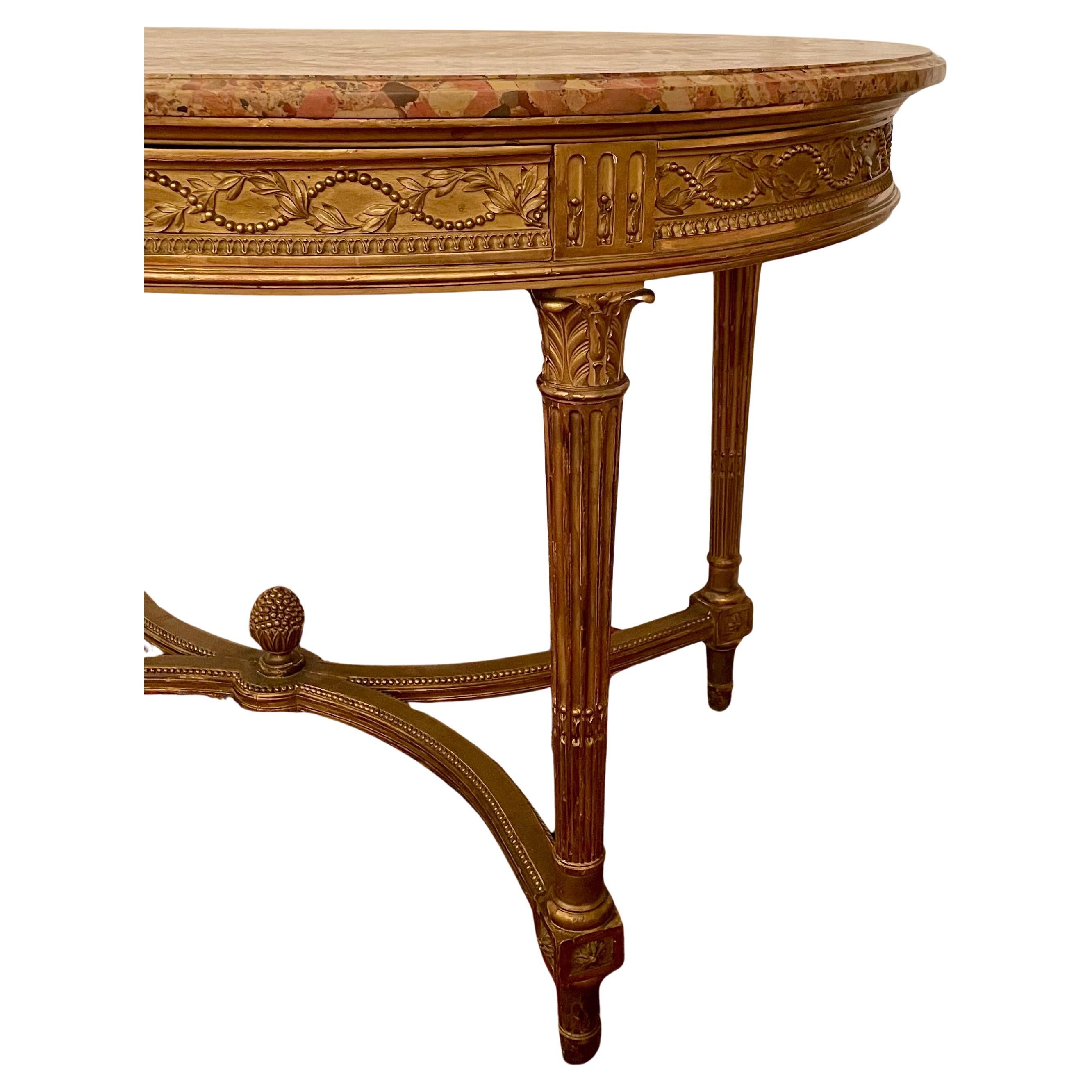 Ancienne table centrale française Louis XVI en or avec plateau en marbre, vers 1880. en vente 2
