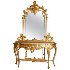Antique French Louis XVI Gold Giltwood Marble-Top Console with Mirror