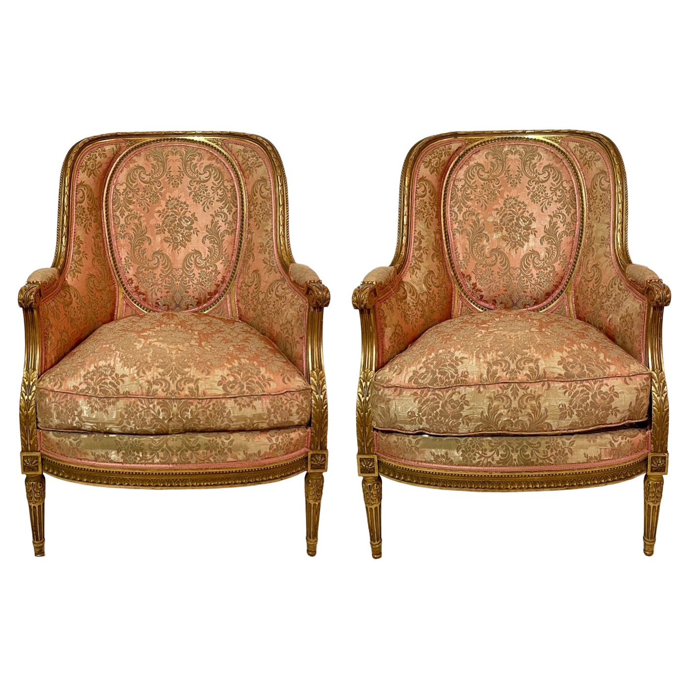 Antique French Louis XVI Gold Leaf Bergères Armchairs, Circa 1880.
