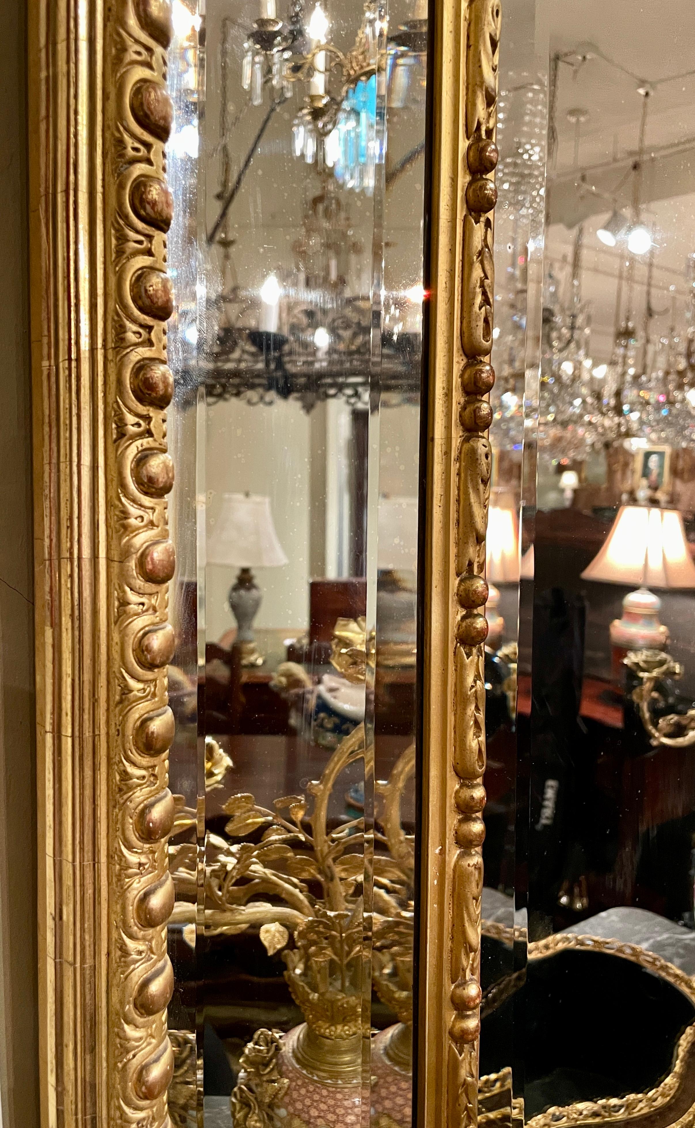 19th Century Antique French Louis XVI Gold Leaf Beveled Mirror, circa 1890 For Sale