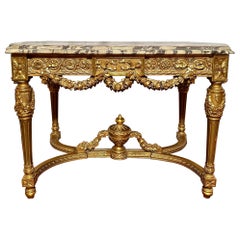 Antique French Louis XVI Tavolo da centro in foglia d'oro con piano in marmo, CIRCA 1900.