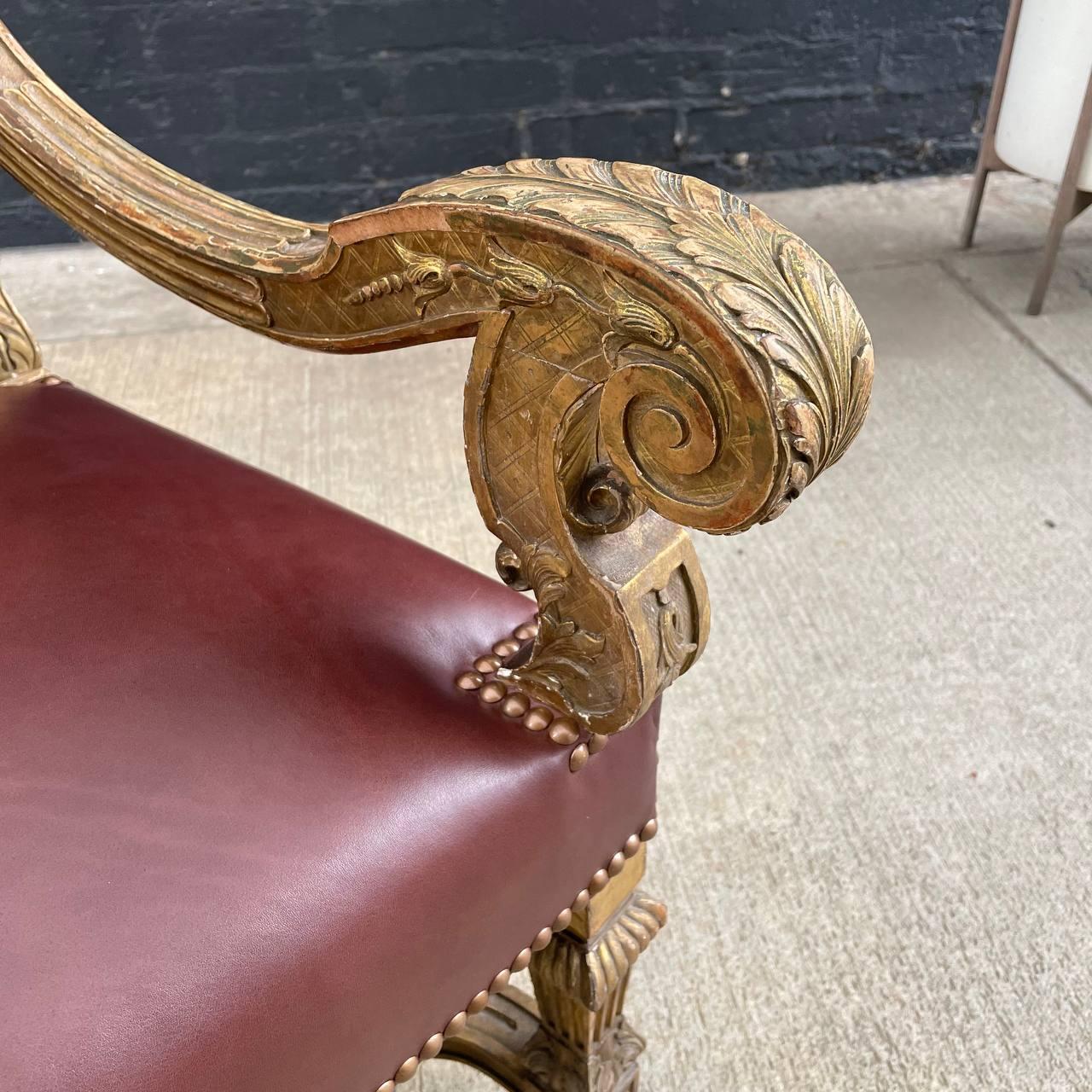 Antique French Louis XVI Gold-Leaf Gilded Carved Wood & Cognac Leather Armchair For Sale 3