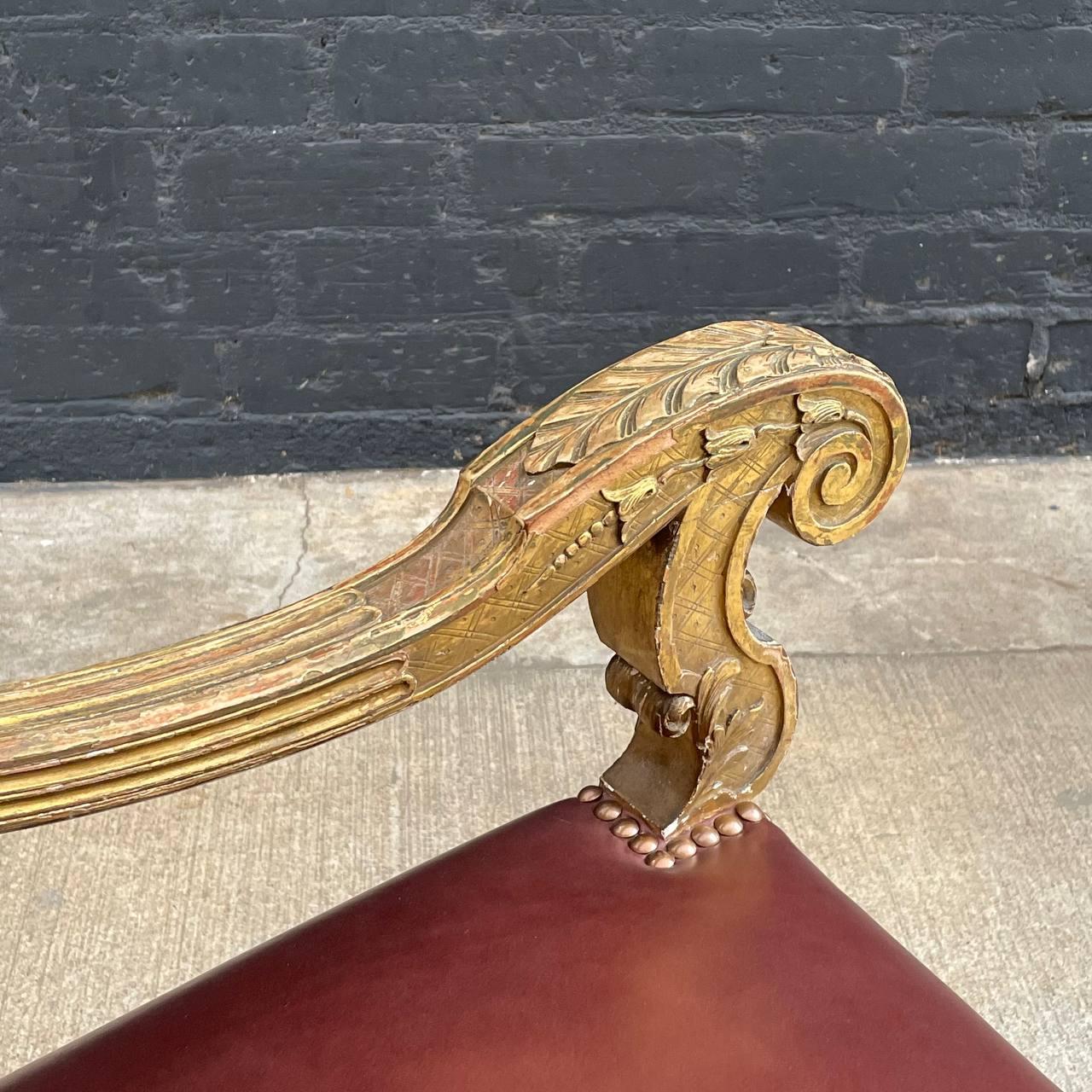 Antique French Louis XVI Gold-Leaf Gilded Carved Wood & Cognac Leather Armchair For Sale 4