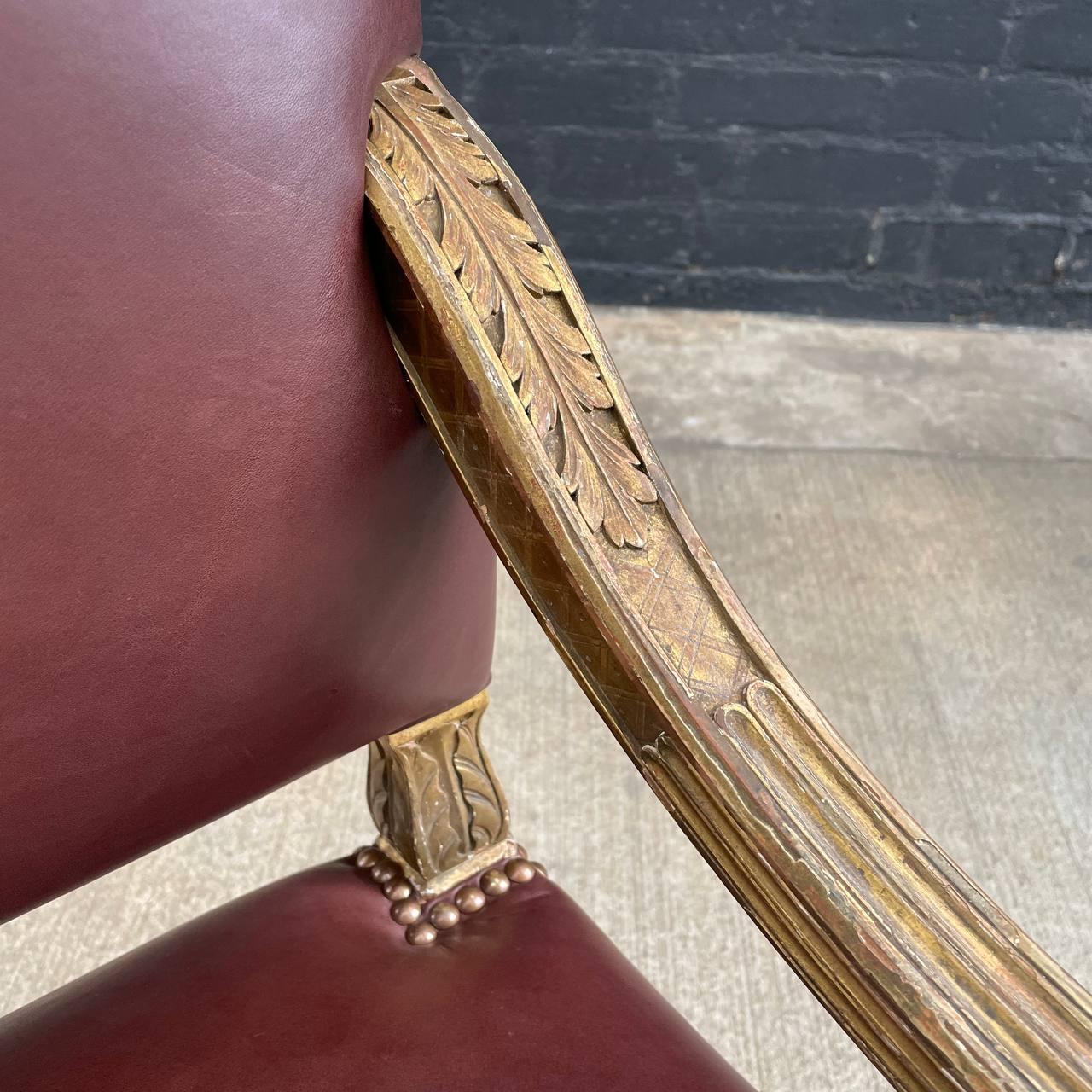 Antique French Louis XVI Gold-Leaf Gilded Carved Wood & Cognac Leather Armchair For Sale 6