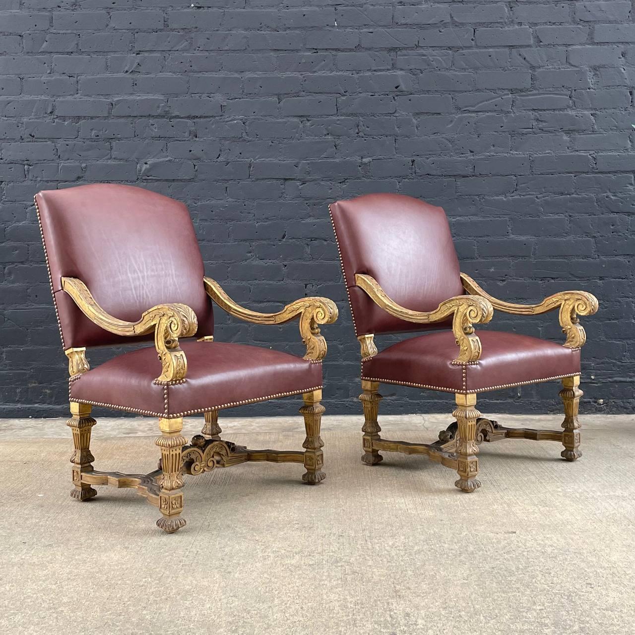 Antique French Louis XVI Gold-Leaf Gilded Carved Wood & Cognac Leather Arm Chairs
Designer: Unknwon
Country: United States
Manufacturer: Unknown
Materials: Gold-Leaf Gilded Wood, Italian Cognac Leather
Style: French Louis XVI
Year: