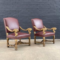 Antique French Louis XVI Gold-Leaf Gilded Carved Wood & Cognac Leather Armchair
