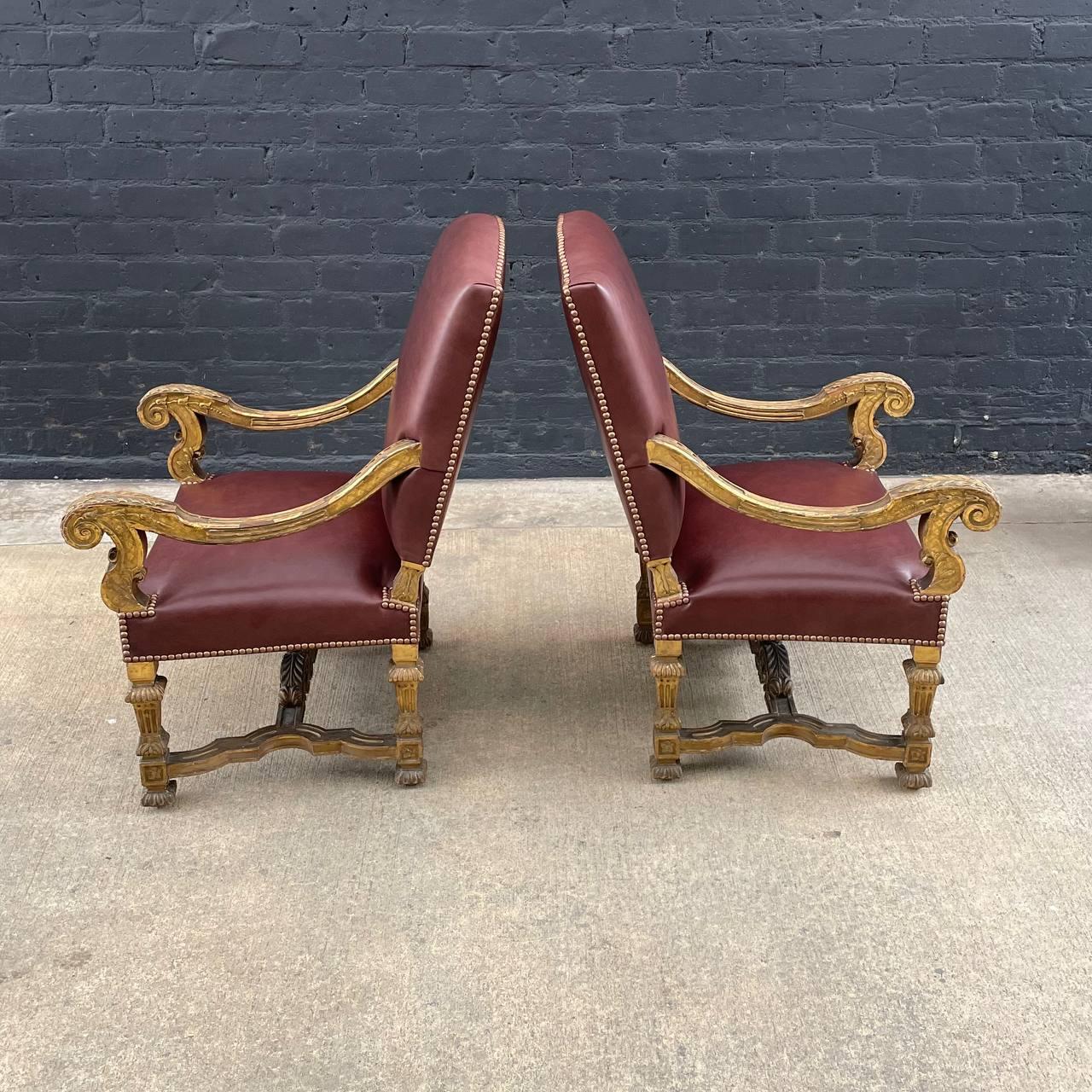 American Antique French Louis XVI Gold-Leaf Gilded Carved Wood & Cognac Leather Armchair For Sale