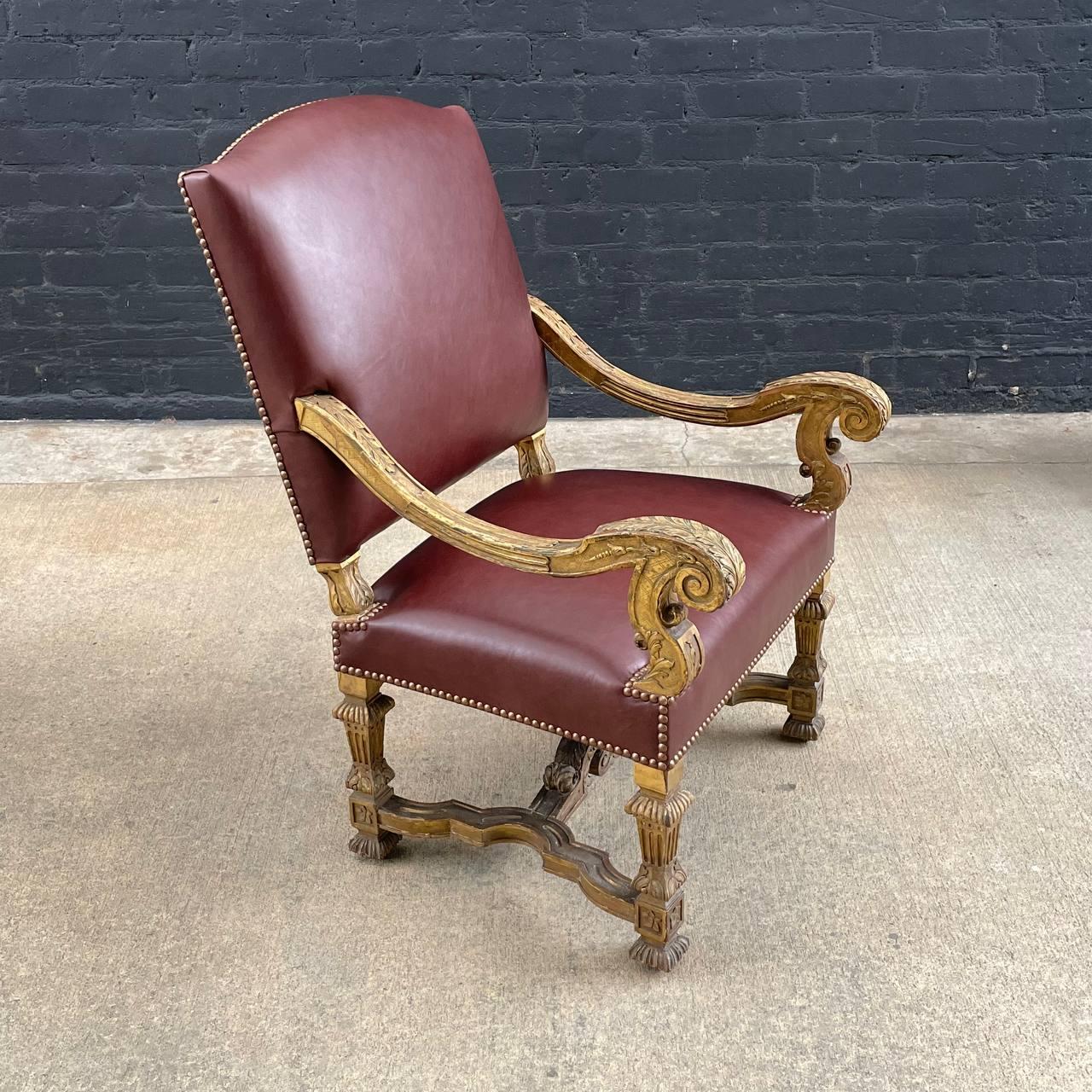 Antique French Louis XVI Gold-Leaf Gilded Carved Wood & Cognac Leather Armchair In Excellent Condition For Sale In Los Angeles, CA