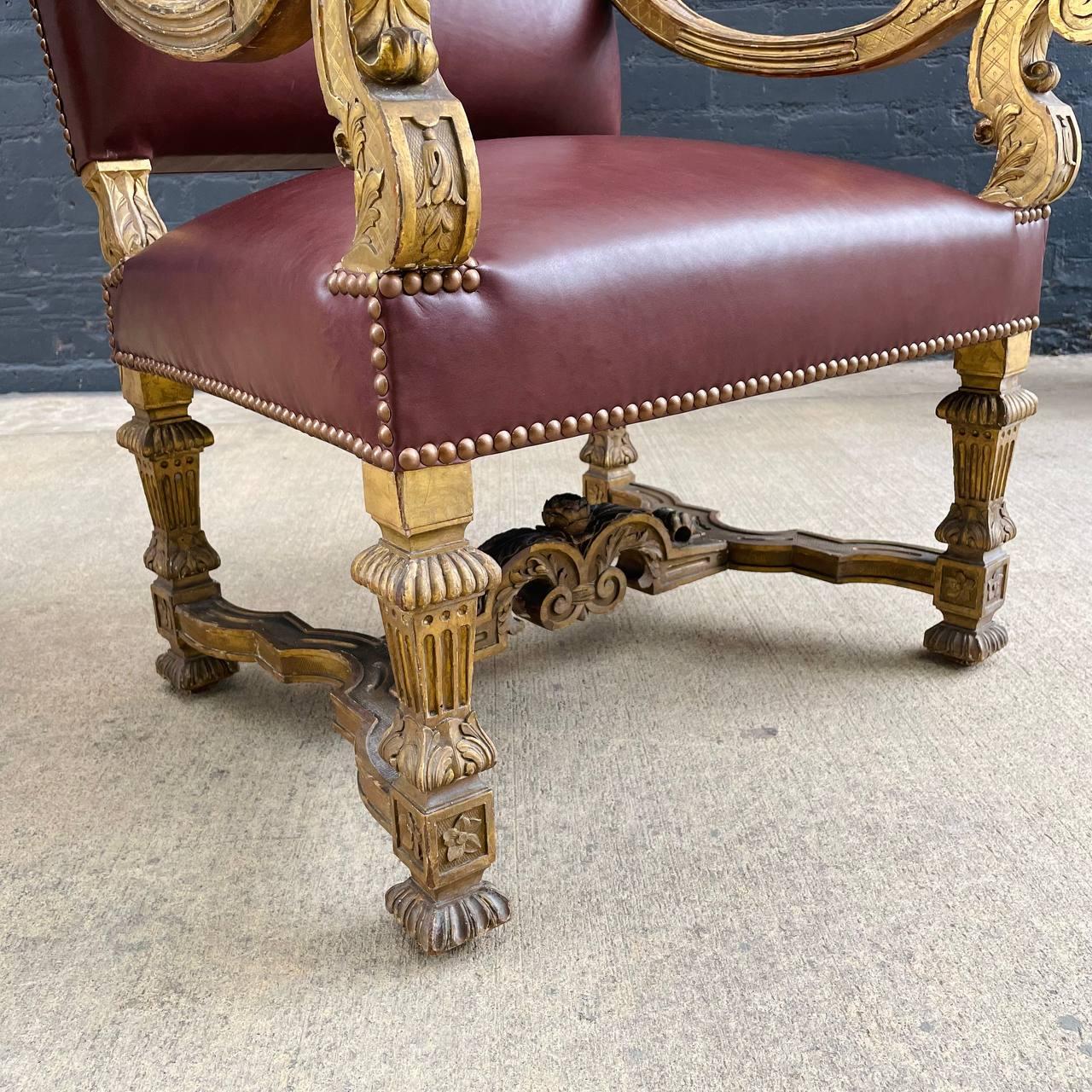 Early 20th Century Antique French Louis XVI Gold-Leaf Gilded Carved Wood & Cognac Leather Armchair For Sale